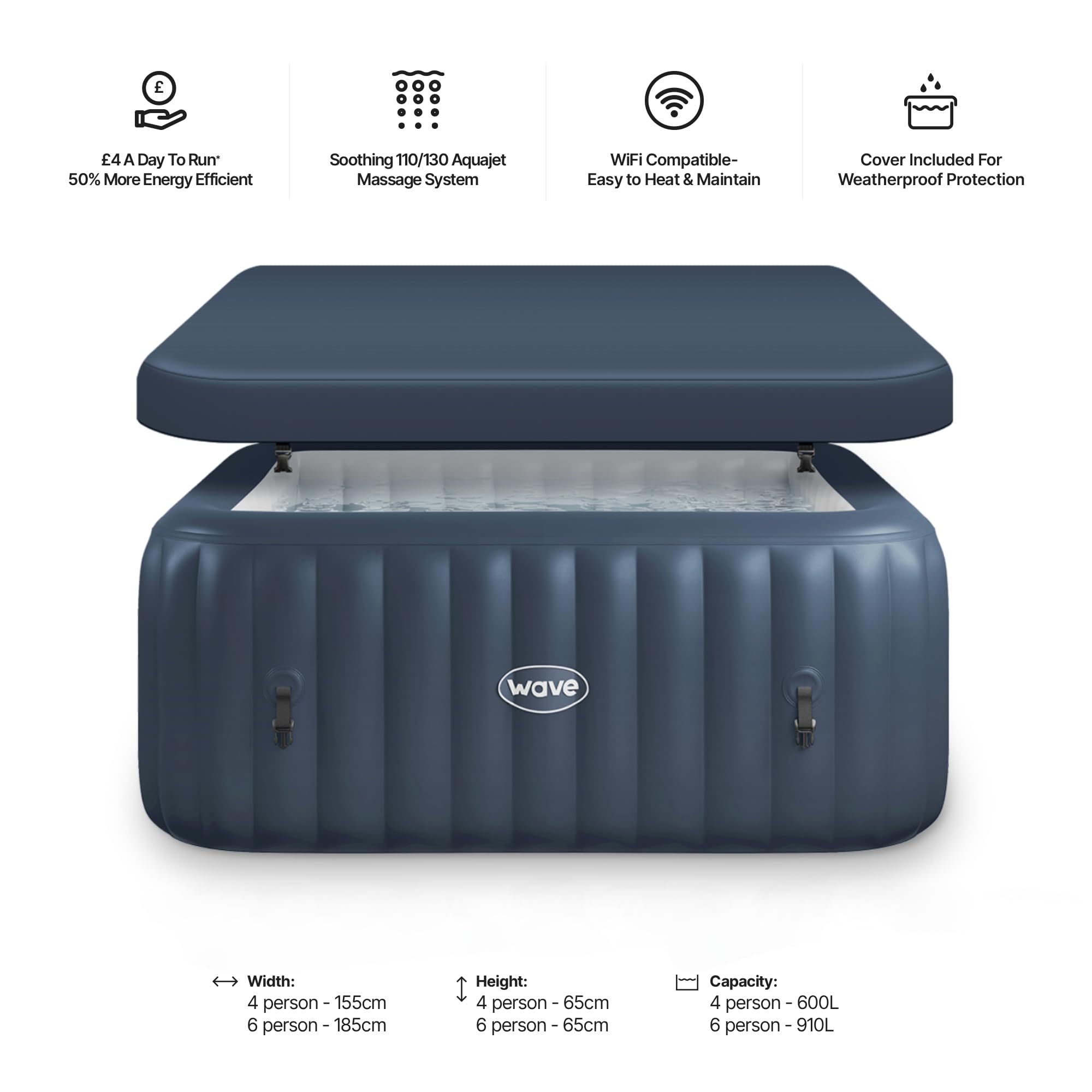 Wave Pacific 4-6 Person Inflatable Hot Tub | Integrated Eco Heater | 110/130 Aquajet Massage System | Anti-Freeze Protection | Quick 15-Minute Setup (Navy, 6 Person | EnergySave Bundle) - 5