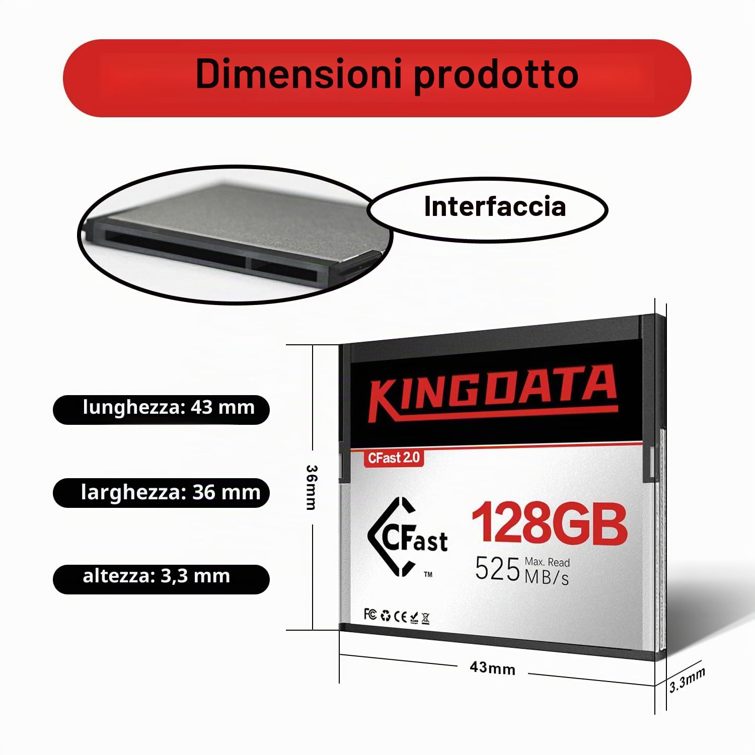 CFast 2.0 128GB Scheda di memoria CF card ad alta velocità GBper video 4 K registrazione HD compatibile con fotocamere professionali