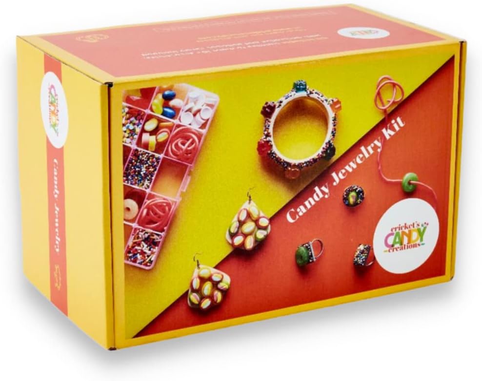 Cricket's Candy Creations | Candy Jewelry Kit | Ages 8-12 | Make 12 Edible Pieces | Includes Bracelets, Necklaces, Rings, Headbands, Keychains + Jewelry Box | Fun Gifts