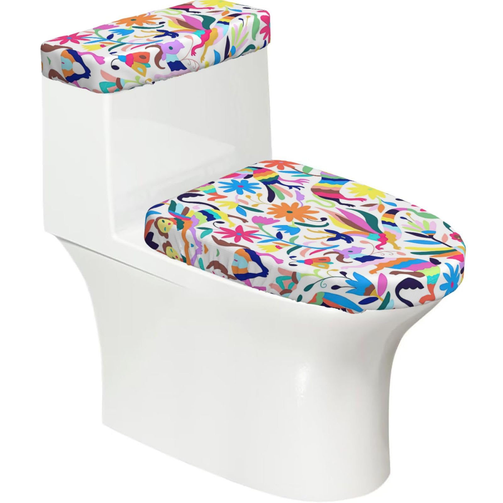 Mexican Otomi Animals Printed Toilet Tank and Lid Cover Set of 2 for Most Bathrooms, Fits Elongated Round Toilets