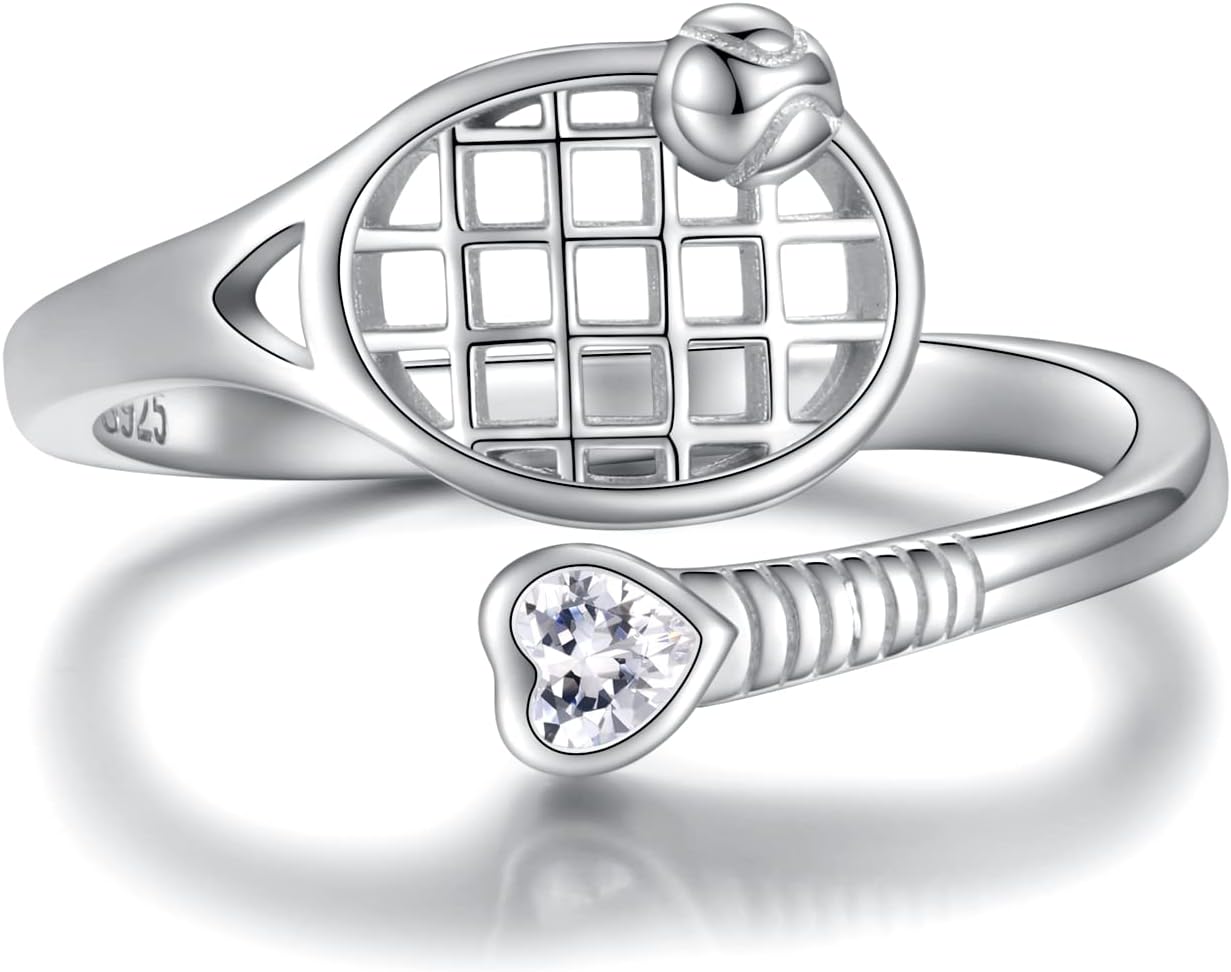 925 Sterling Silver Basketball Softball Baseball Football Tennis Racket Ring Adjustable Sports Jewelry Gifts for Women Player Mom