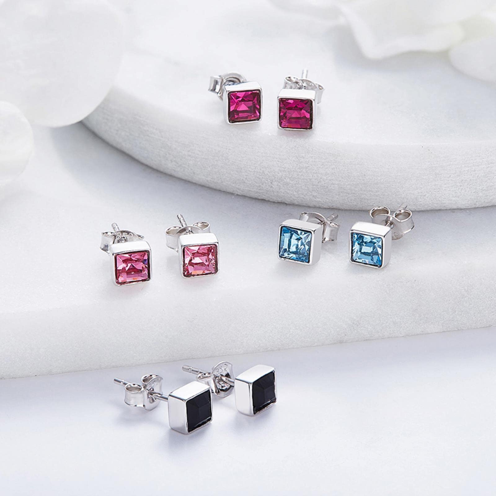 Orecchini a Bottone Orecchini in Argento Sterling 925 con Orecchini di Cristallo Blu Quadrati per Le Donne-Black Diamond