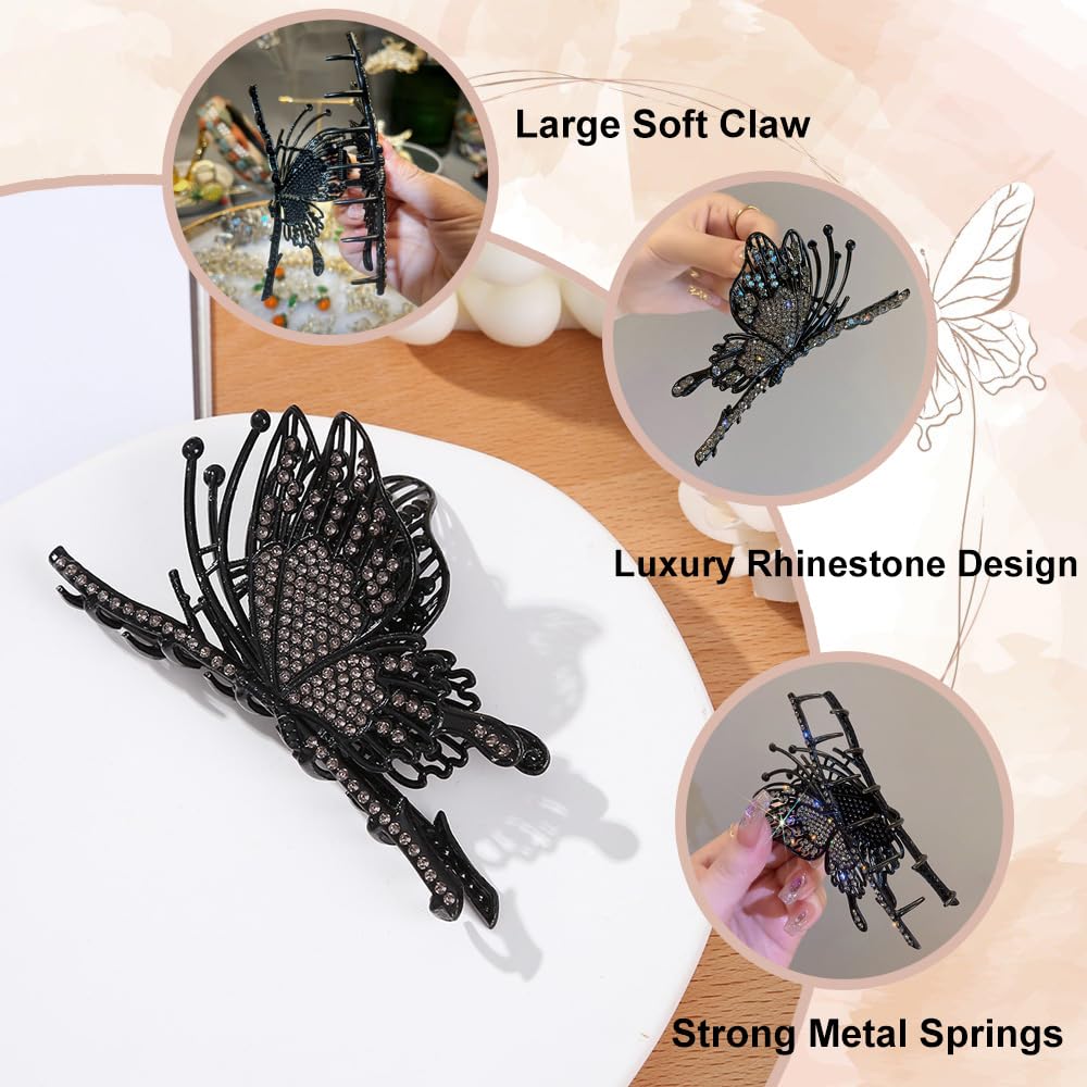 ROMODIYA Hair Clip, Black Rhinestones Butterfly Hair Clip, Vintage Hair Claw Clip, Large No Slip Strong Hold Claw Clips for Women and Girl, Hair Accessories for Wedding Hair Decoration - Image 2