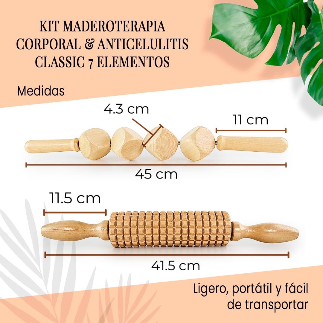 Zestaw do ciała i antycellulitowy 7 elementów Classic |Maderoterapia | Wykonane z drewna sosnowego i naturalnego lotosu I Zaprojektowany przez Estetyczną Maderoterapię Hiszpania | Zawiera kurs DVD