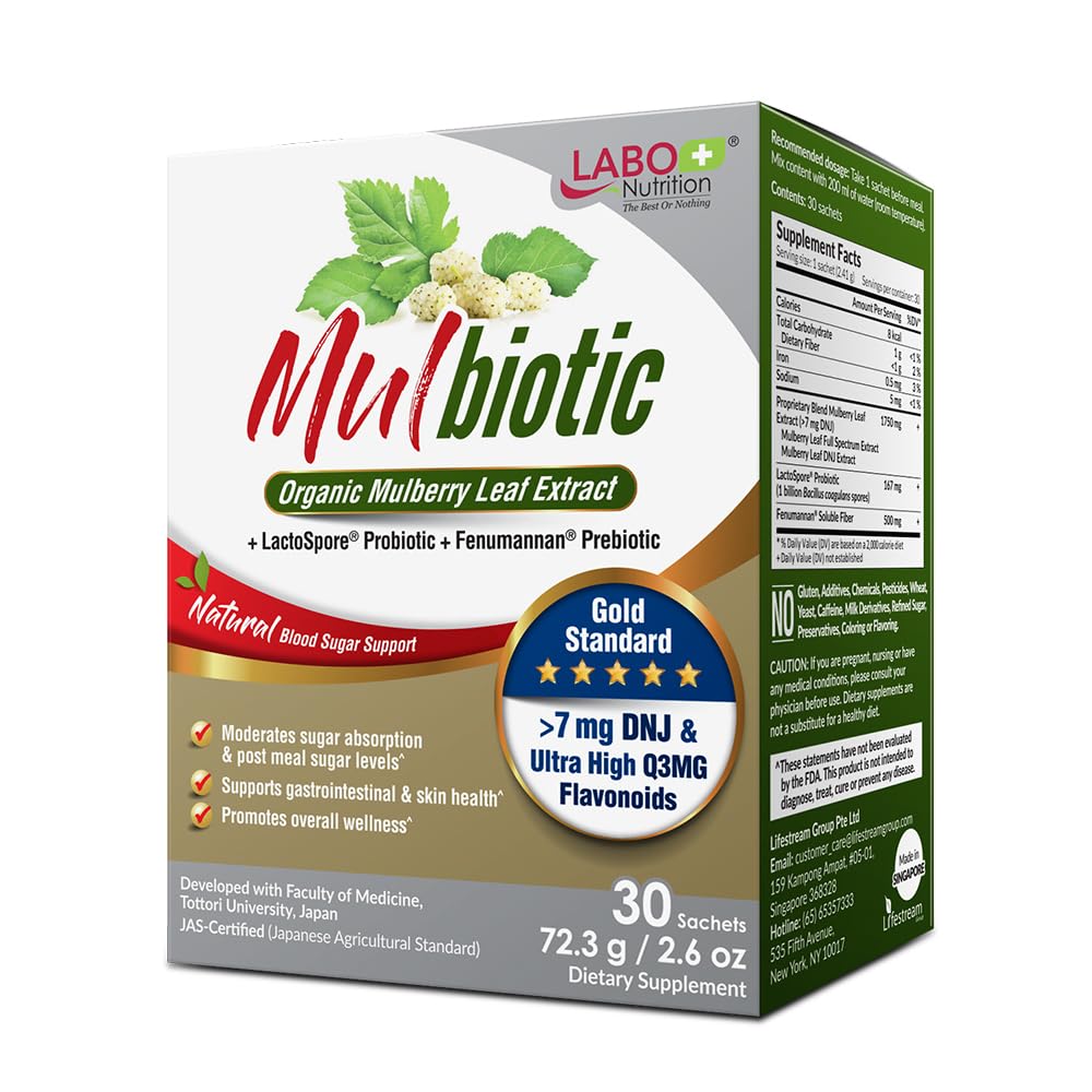 LABO Nutrition Mulbiotic, Organic Mulberry Leaf Extract + LactoSpore Probiotic & Fenumannan Prebiotic, for Carb Cravings Support, Vegetarian, Non-GMO