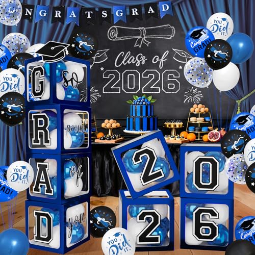 2026 Graduation Decorations - Blue Balloon Boxes with Letters 2026 Grad & So Proud of You and Blue Black White Print Balloons Graduation Party Decorations Class of 2026 for Any Grades(Blue)