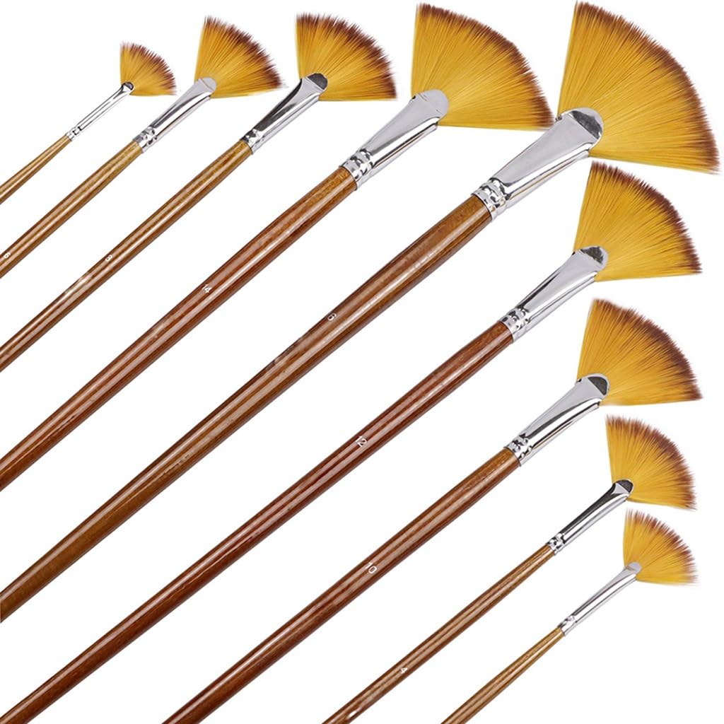 Set di pennelli per Pittura a ventaglio da 9 Pezzi, con setole morbide in Nylon e Manico Lungo in Legno, per Pittura acrilica, Acquerello, Olio, Gouache.
