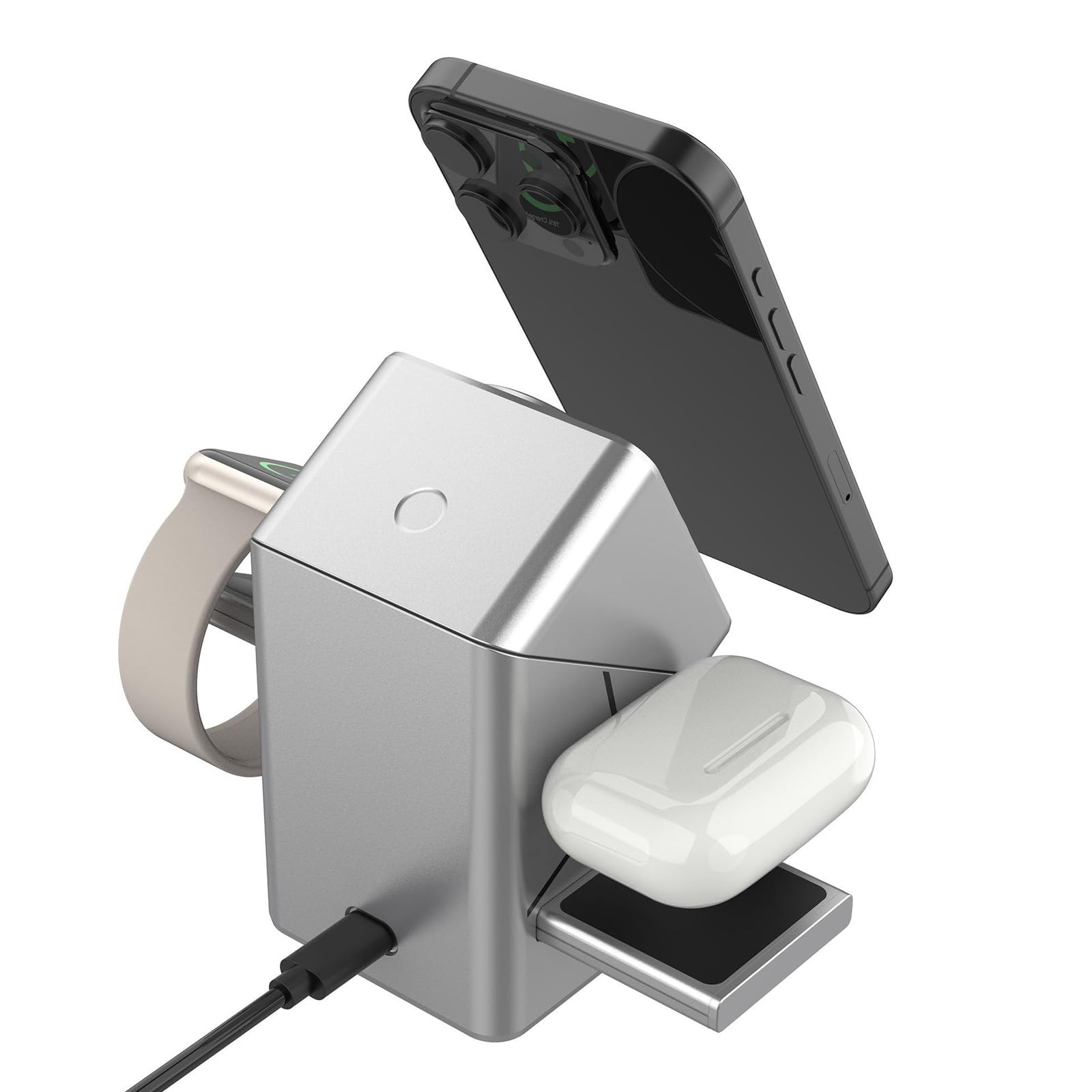 Dock ricarica magnetico Rotazione automatica Ricarica rapida da 15 W Supporto ricarica da tavolo compatibile per telefoni Auricolari Orologi Caricabatterie per telefoni