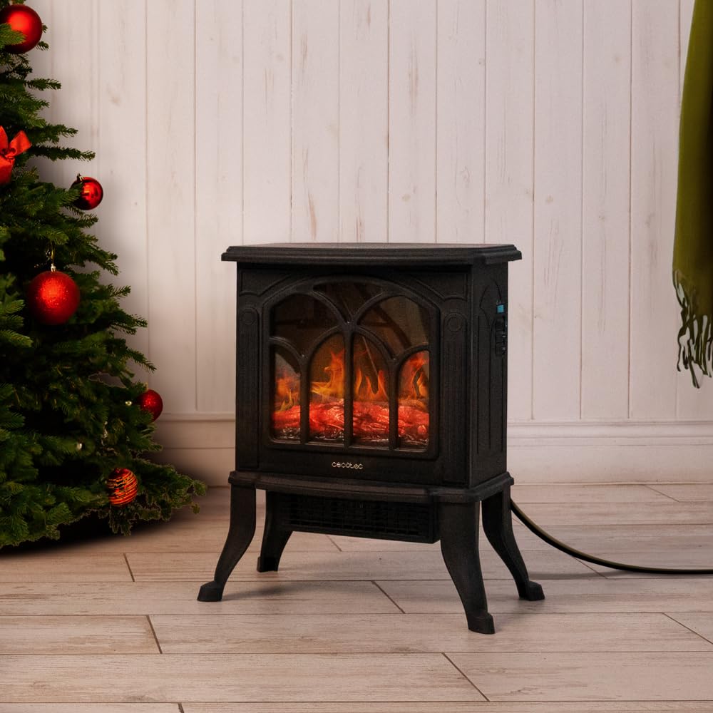 Cecotec Chimenea Eléctrica de Pie ReadyWarm 1500 Flames. 1500 W, 2 Niveles de Potencia, Termostato Ajustable y Control Independiente de las Llamas, Área de Cobertura 20 m2