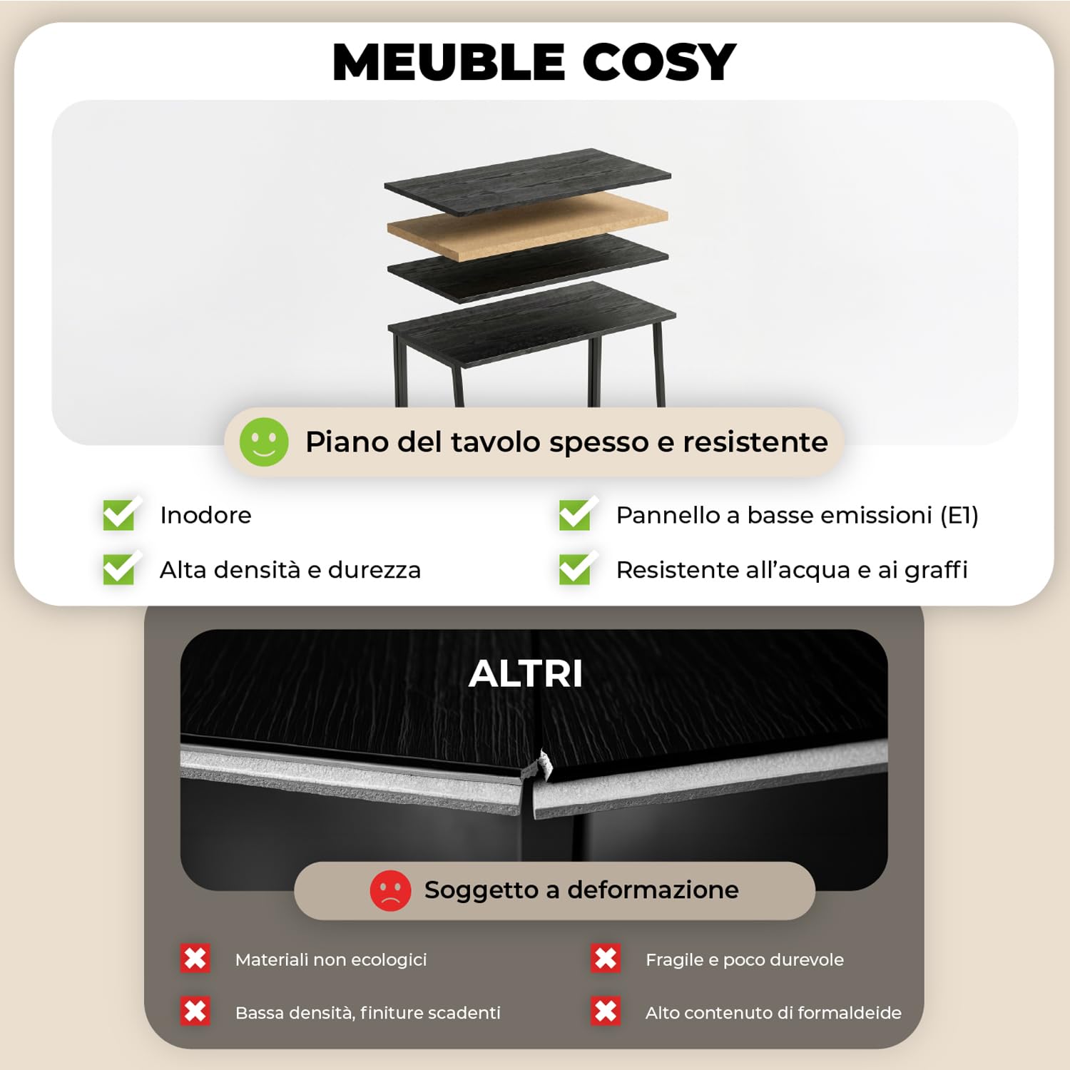 MEUBLE COSY Scrivania per Computer Pieghevole Postazione di Lavoro per Ufficio, Studio, Piccoli Spazi, Facile da Montare, Struttura in Metallo, Nero, 80x44x74cm