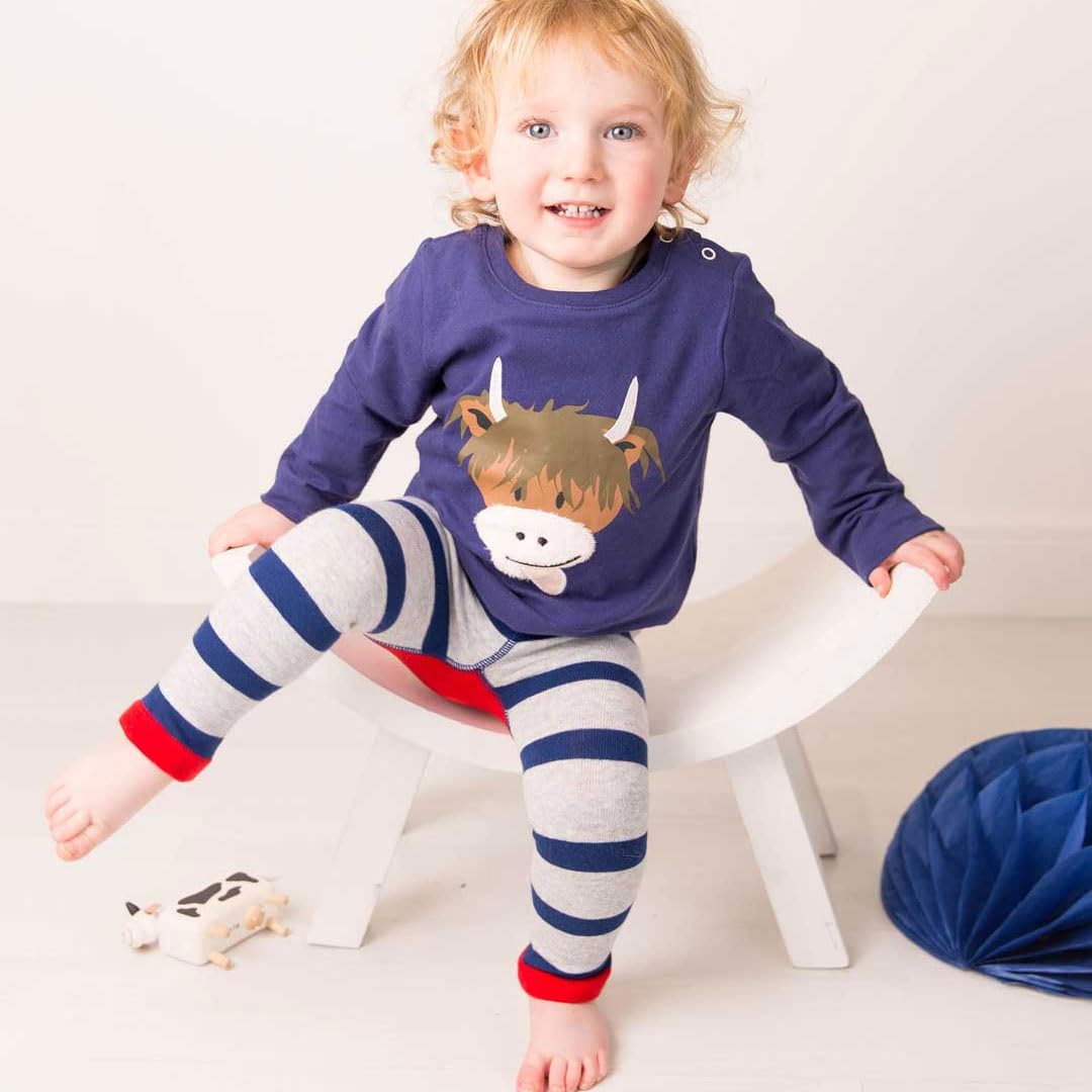 Blade & Rose | Hamish The Highland Cow Leggings | Unisex Clothing for Babies & Toddlers 0-4 Years | Blue/Red/Grey