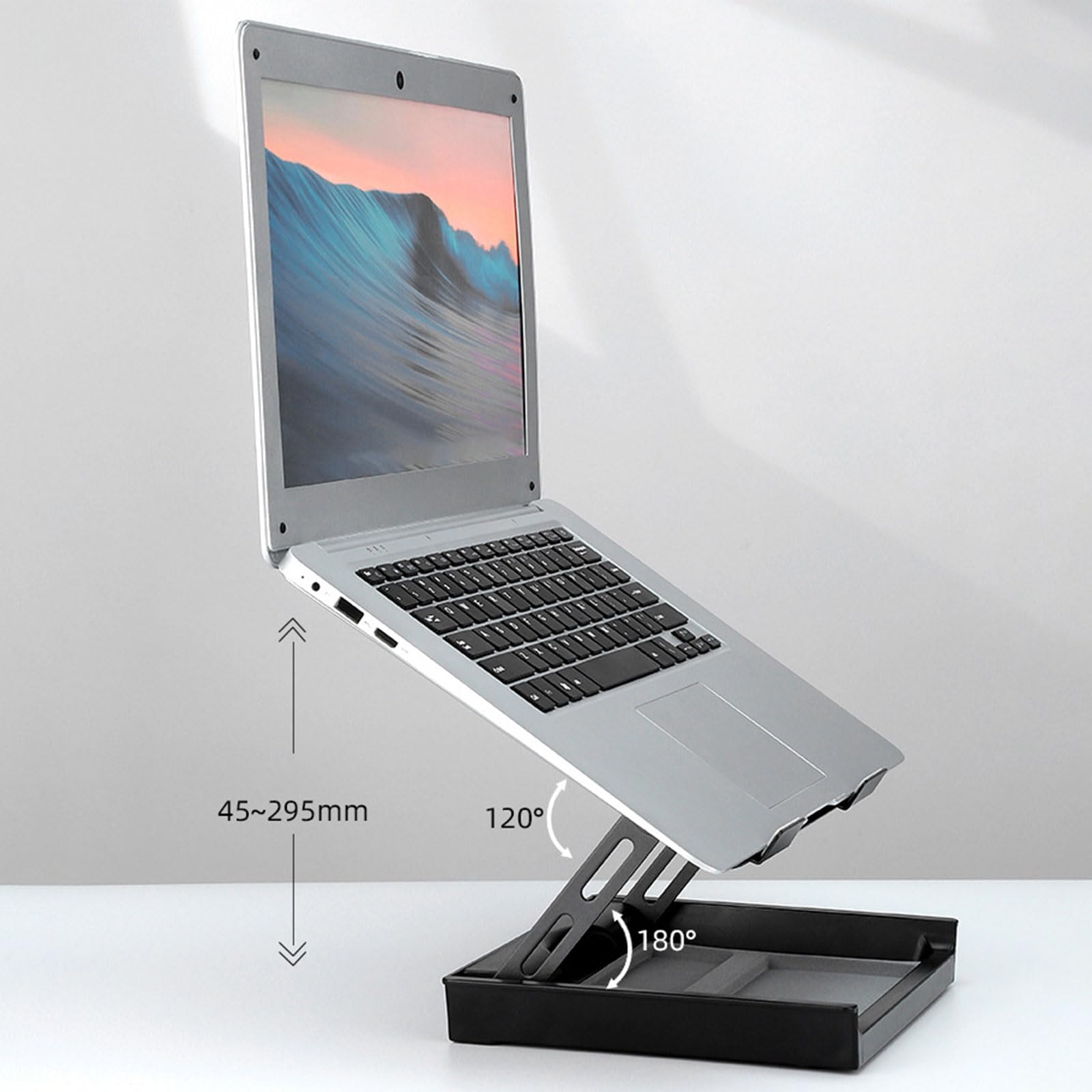 Notebook con sezione portaoggetti e ventola per ventilazione, ufficio, portatile, supporto di raffreddamento compatto, spazio di archiviazione domestico per uso professionale