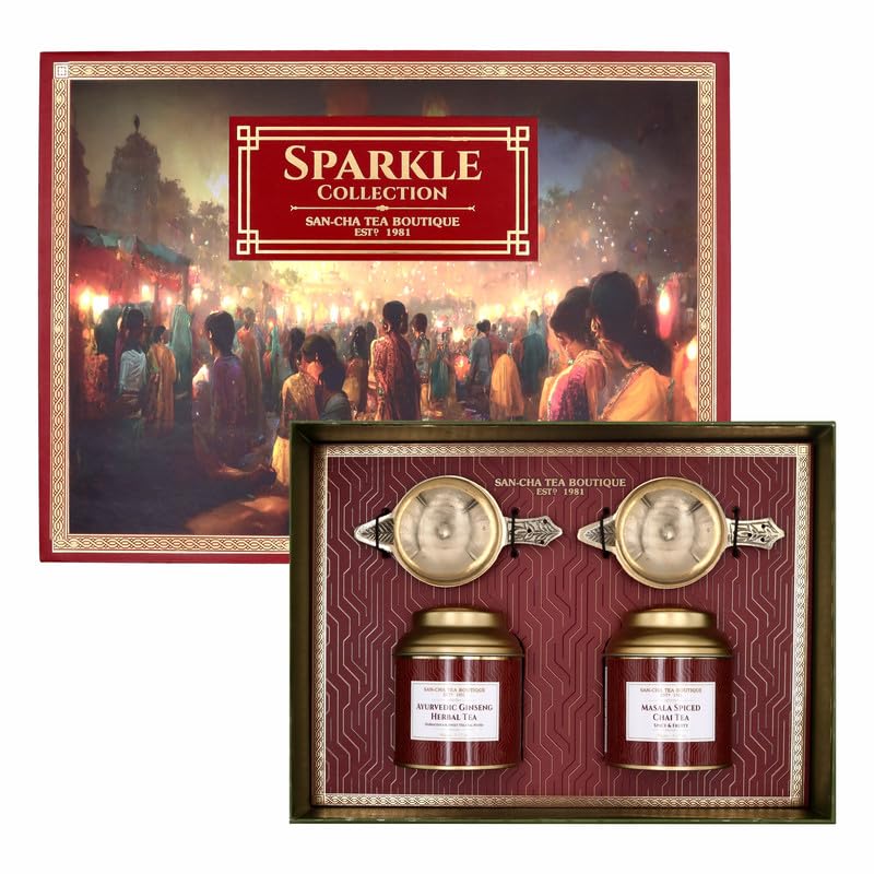 Image of Sancha Tea Boutique Sparkle Collection Diwali Gift Box - Masala Chai & Ginseng Loose Leaf Tea Assortment - Premium Health Gift Hamper