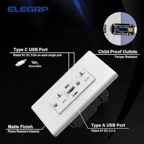Miniatura 2 de ELEGRP Tomacorrientes USB, 30 W 6.0 Amp USB C, toma de pared USB de 3 puertos, toma de corriente resistente a manipulaciones de 20 amperios con 2