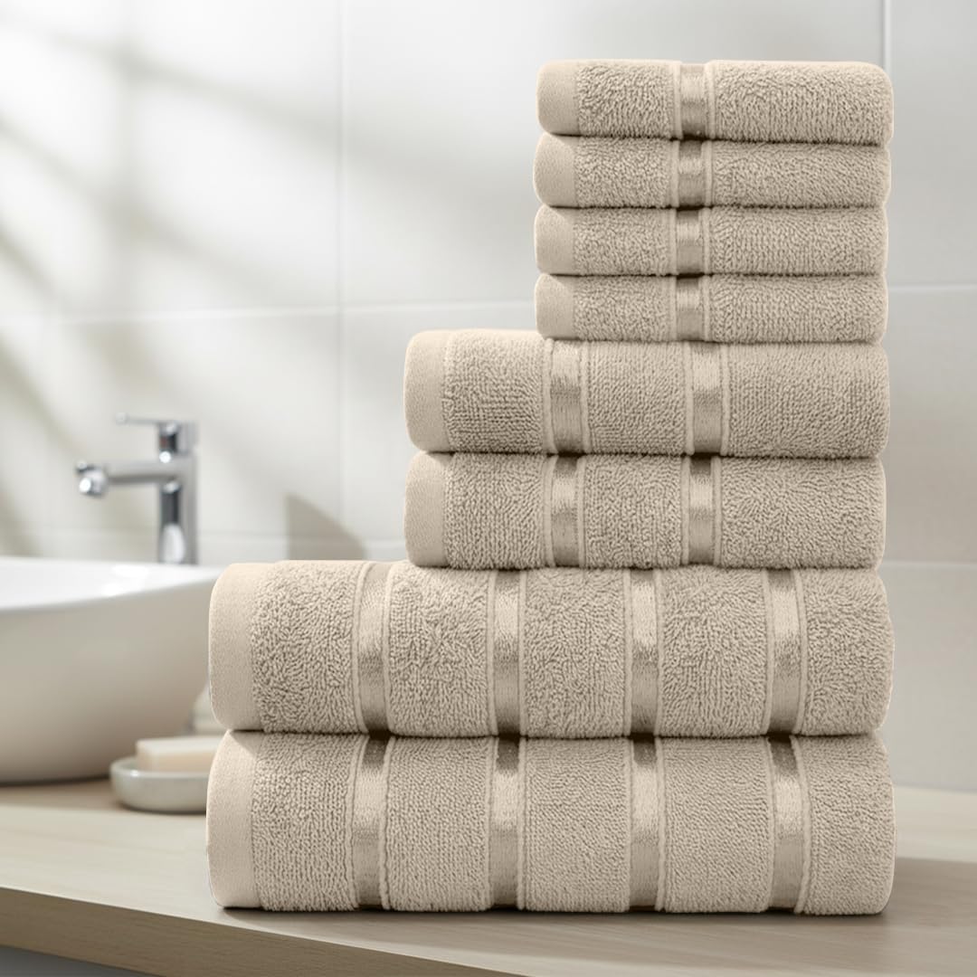 Casabella Beige Towels Set - 8 Pc Towels For Bathroom - Bath Towel Set 100% Cotton - 2 Bath Towels, 2 Hand Towels, 4 Face Cloth - Quick Dry Hotel Quality Bathroom Towels Bale Set