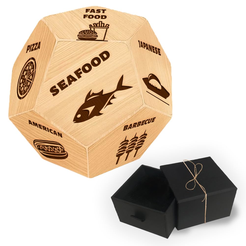 UNICRAFTALE 12 Types Of Foods Anniversary Date Night Gifts Wood Food Decision Dice Wedding Gifts Funny Food Dice with Rectangle Velvet Packing Pouches for Wife Valentines Day Gifts
