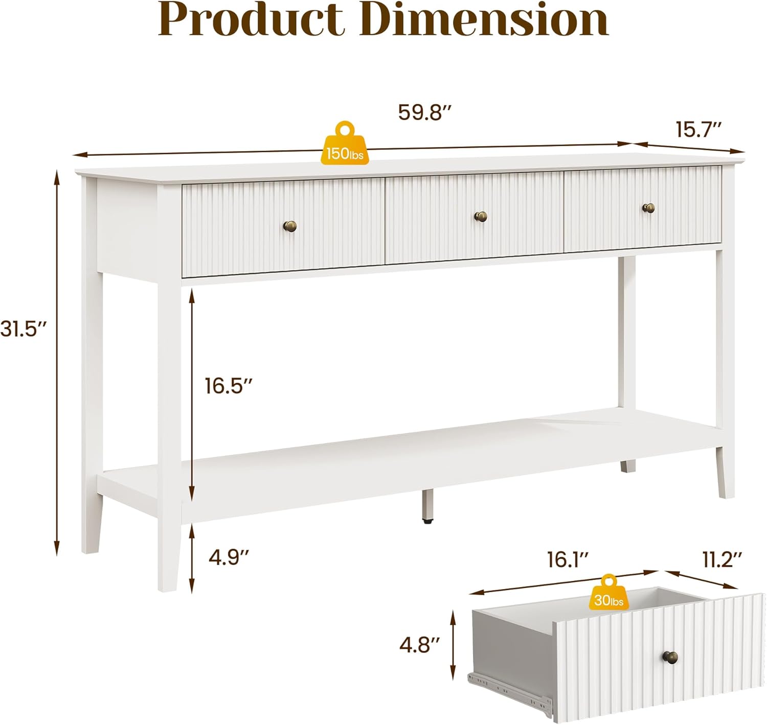 Fluted Entryway Table, Modern Console Table with 3 Drawers and Storage Shelf, Narrow Sofa Table Behind Couches for Living Room, Entryway, Hallway, White