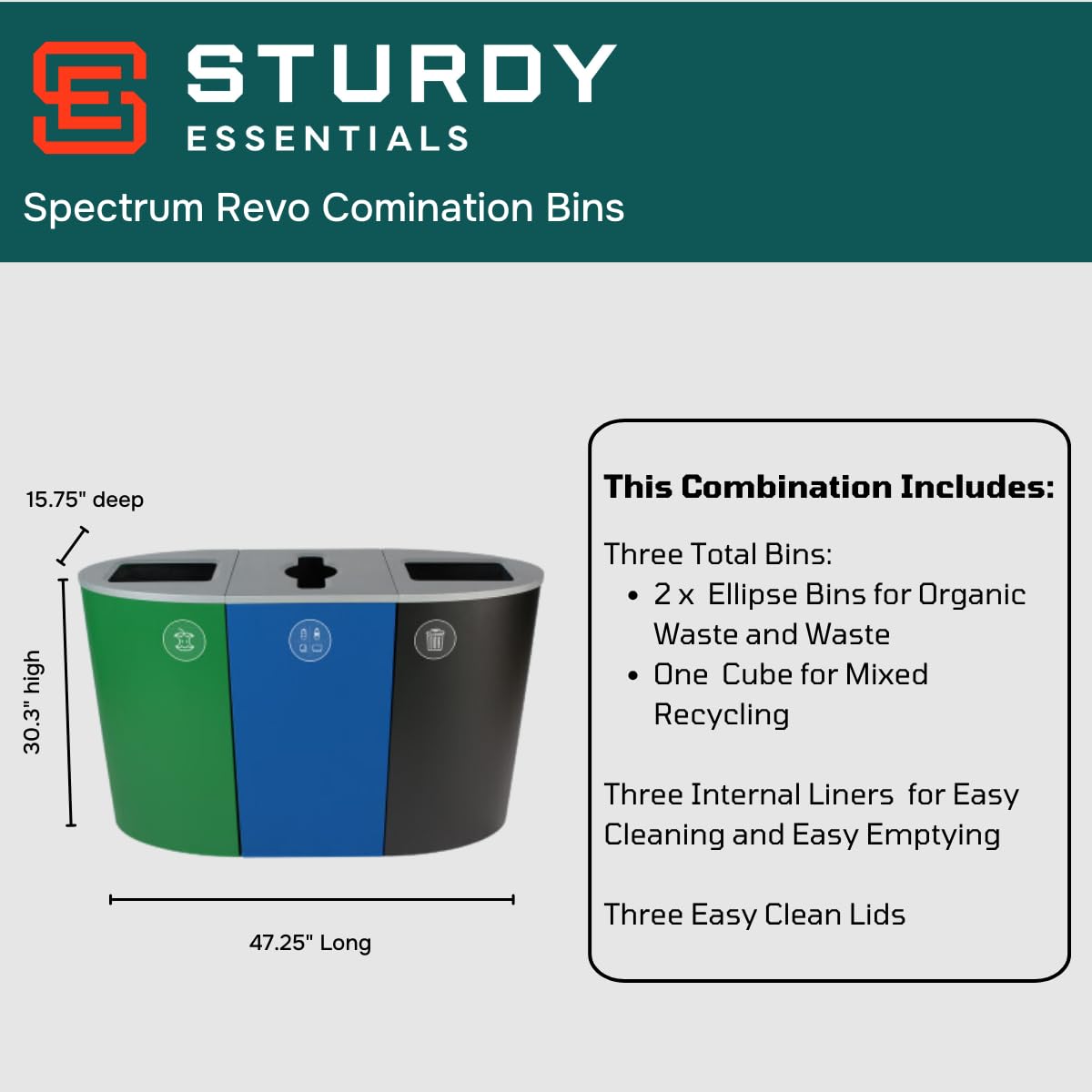Sturdy Essentials Spectrum Powder Coated Steel Recylcing Bin and Waste Bin Combinations Used for Commercial Spaces, Businesses, Offices, Hotels, Apartments (Organic Waste + Recycling + Waste)