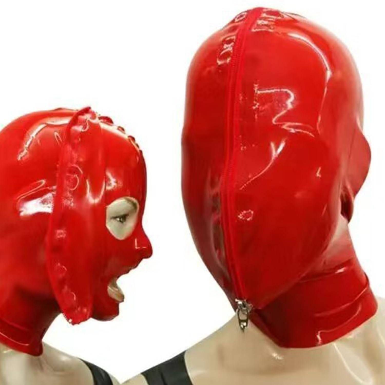 WXLPCGO Latex Head Cover Full Face Mask with Front Zipper Open Eyes Mouth Unisex for Club Catsuits BDSM(Size:M-65CM)