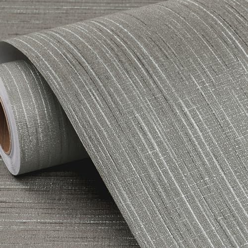 FunStick Thick Grey Grasscloth Wallpaper Peel and Stick Textured Faux Grasscloth Peel and Stick Wallpaper Grey Fabric Contact Paper for Cabinets Removable Grey Wall Paper for Bedroom Walls 12'x200'