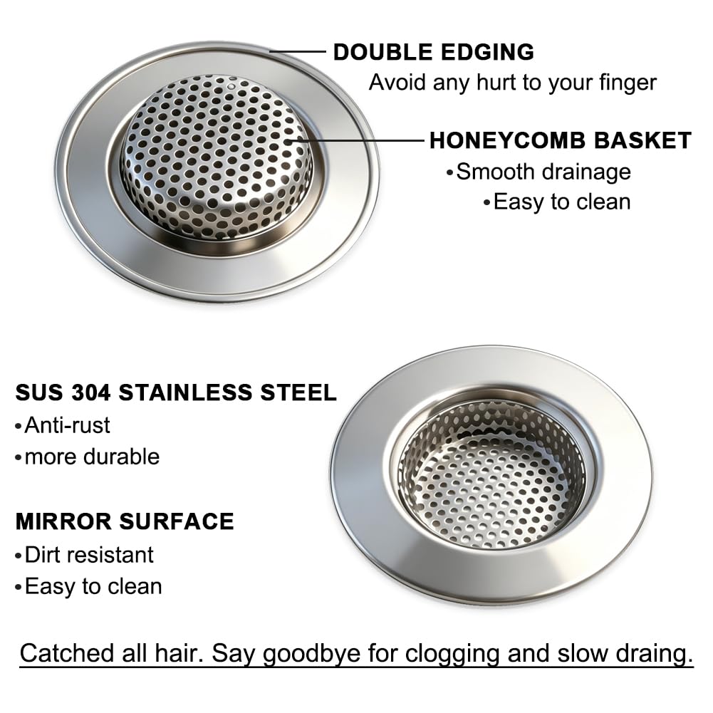 Seatery Bathtub Drain Strainers, Tub Drain Hair Catcher, Stainless Steel Bath Drain Cover Basket, Outer Diameter 3.0 inch/7.7cm, Inner Diameter 1.60 inch/4.0cm, Pack of 2 1