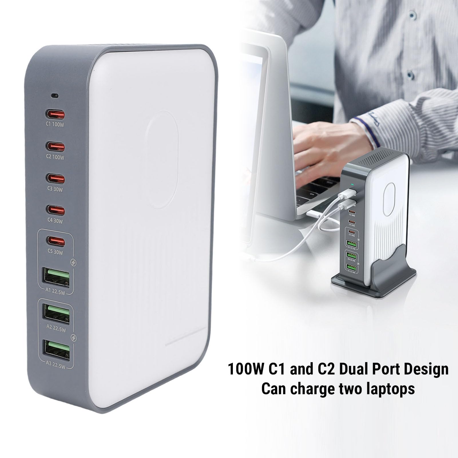 Jectse Caricatore USB C da 200 W, Hub di Ricarica Rapida con 8 Porte USB, Stazione di Ricarica Universale per Telefono Desktop per più Dispositivi Elettronici, Tablet, Laptop (Spina europea)