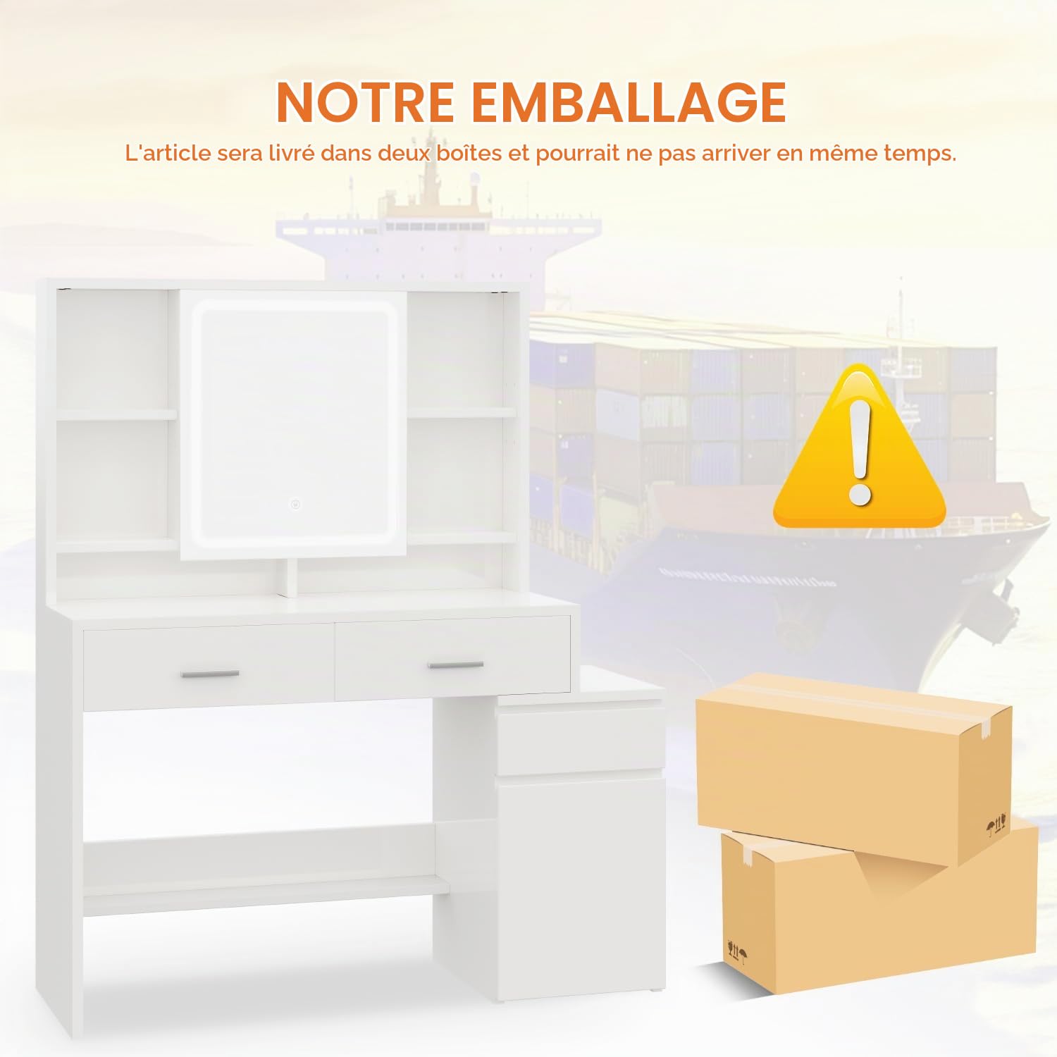 JUMMICO Coiffeuse avec éclairage Miroir LED (3 Niveaux de luminosité et 3 températures de Couleur), Grande Coiffeuse avec 6 Compartiments, 2 tiroirs, Armoire latérale et étagère, 117 x 40 x 140 cm