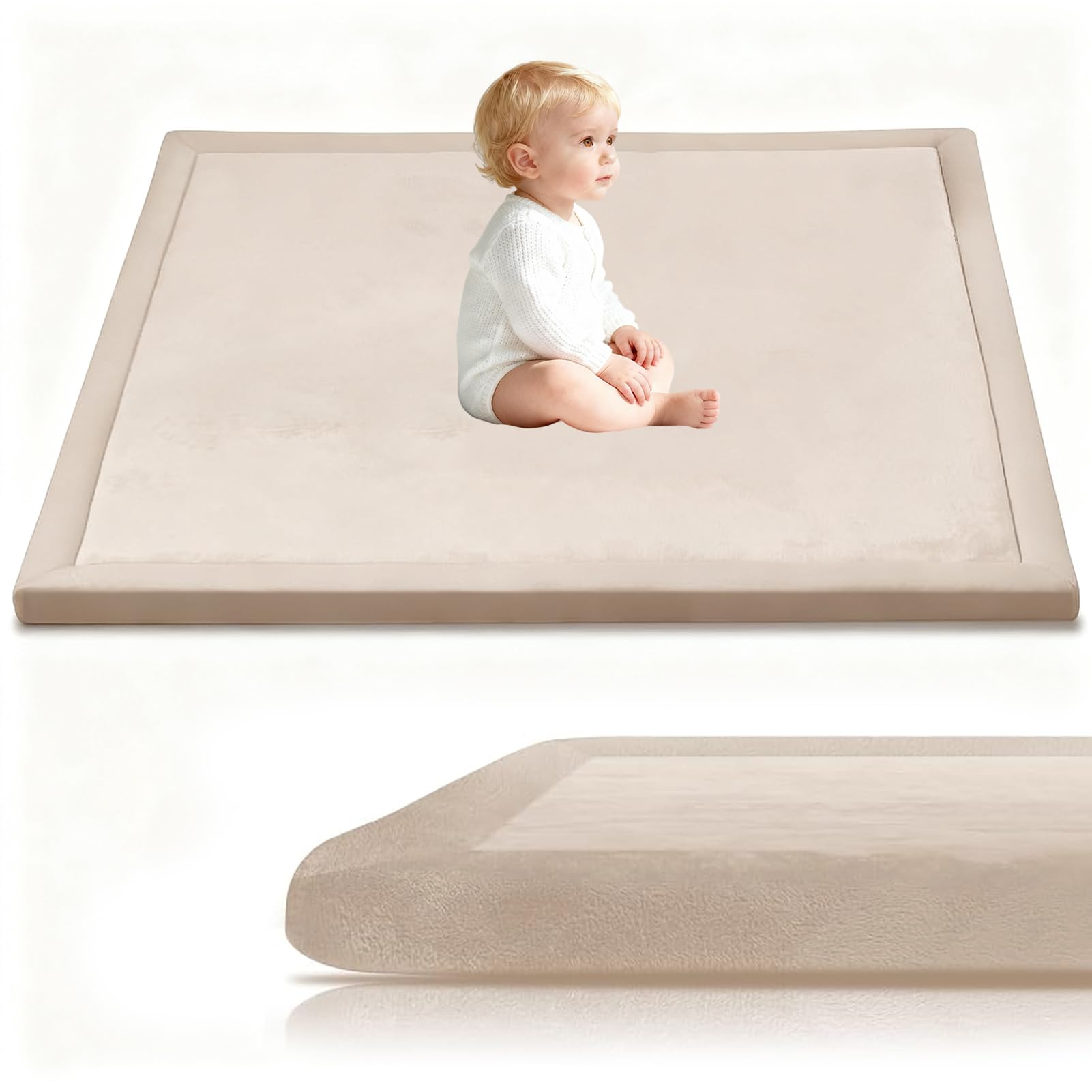 Stqyeiw 3cm Thick Baby Crawling Mat, Baby Play Mat 200 x 350 cm Cream Nursery Rug for Crawling Playing for Bedroom Kids, Non Slip Coral Velvet Babies Mats for Floor Play