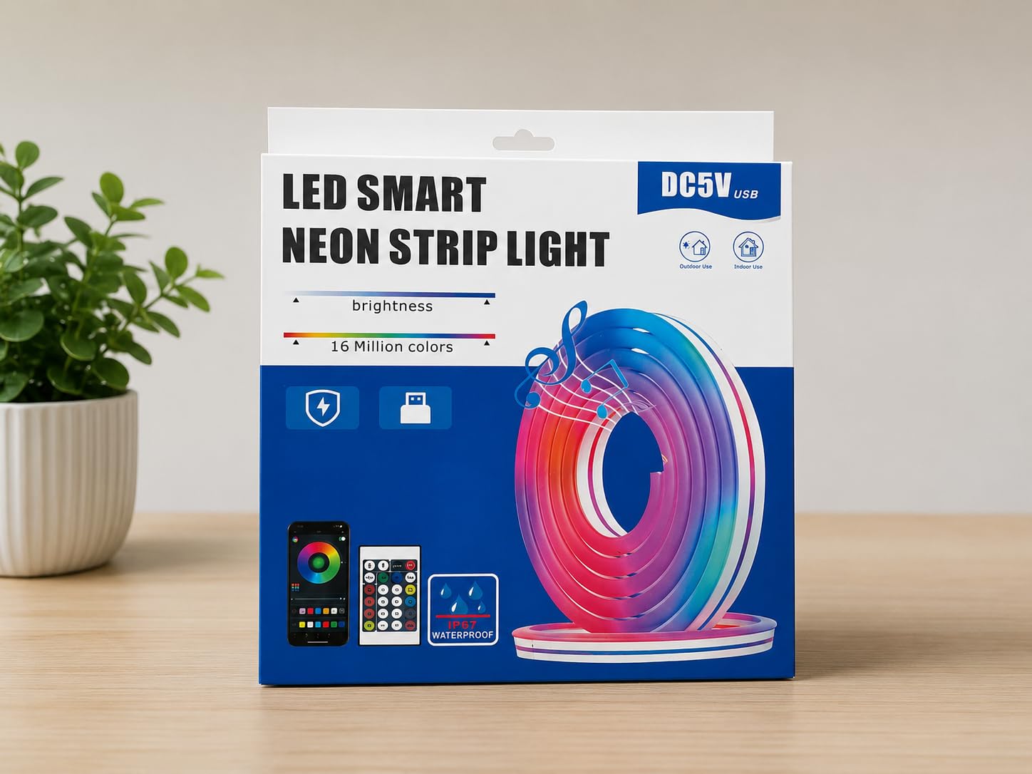 DORDOİ 5 Metre Akıllı Silikon Neon Görünümlü RGB LED Şerit Işık Uygulama Kontrollü Müzik ve Ses Senkronizasyonu 16 Milyon Renk USB Beslemeli Kumandalı