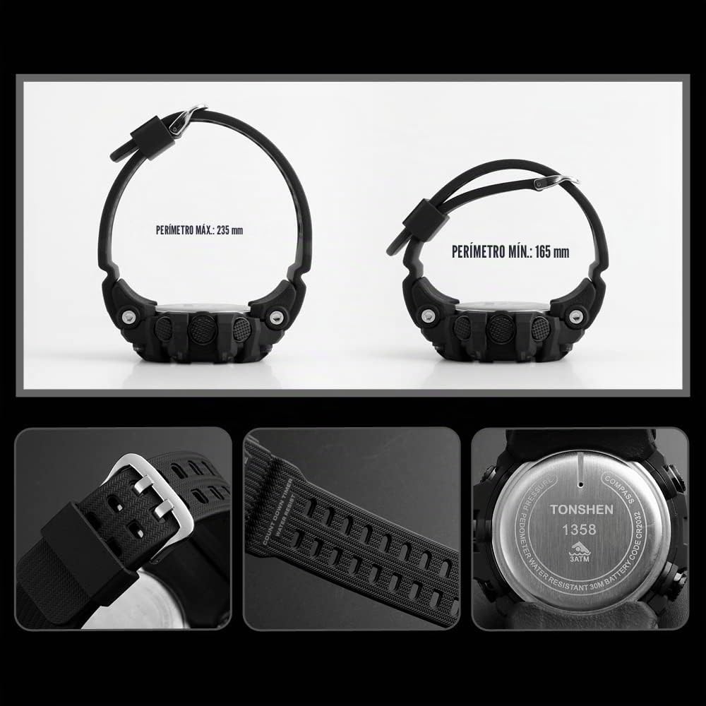 TONSHEN Hombre Reloj Outdoor Militar Digital Brújula LED Electrónica Doble Tiempo Altímetro Termómetro Podómetro Calorías Alarma Multifuncional Deportivo Relojes de Pulsera