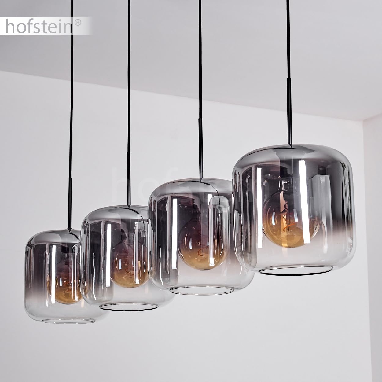 HOFSTEIN Hängeleuchte Lauden, 4-flammige Hängelampe aus Metall/Glas in Schwarz/Rauchfarben/Klar, moderne Pendelleuchte im Retro/Vintage-Design, Ø Schirme 25 cm, E27, Esszimmer, Küche, Wohnzimmer