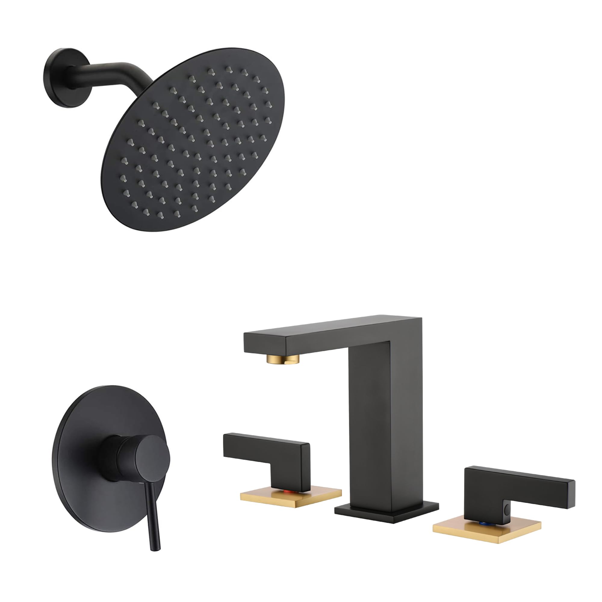 Jnfidosr Black/Gold Bathroom Shower Faucet S3221di + 8" Widspread Bathroom Faucet S1414s-Mg