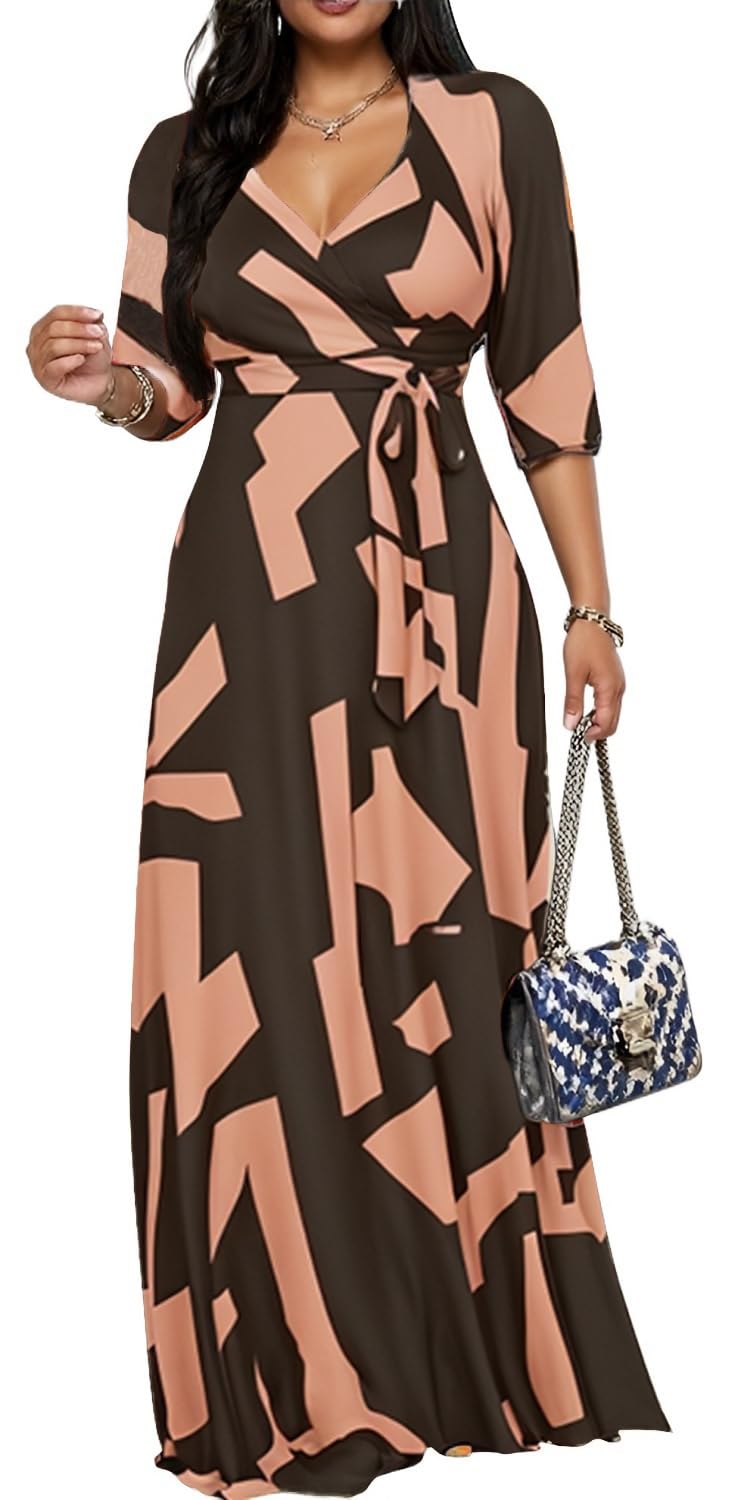 Women's Church Maxi Wrap V Neck 3/4 Sleeve Tie Waist Plus Size Long Dress