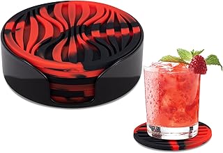 6 Pack Drink Coasters,Coasters for Drink with Holder,Non-Slip Silicone Coasters,Rubber Coasters Live for Hot or Cold Drink,Fits Any Size of Cups (Black-Red)