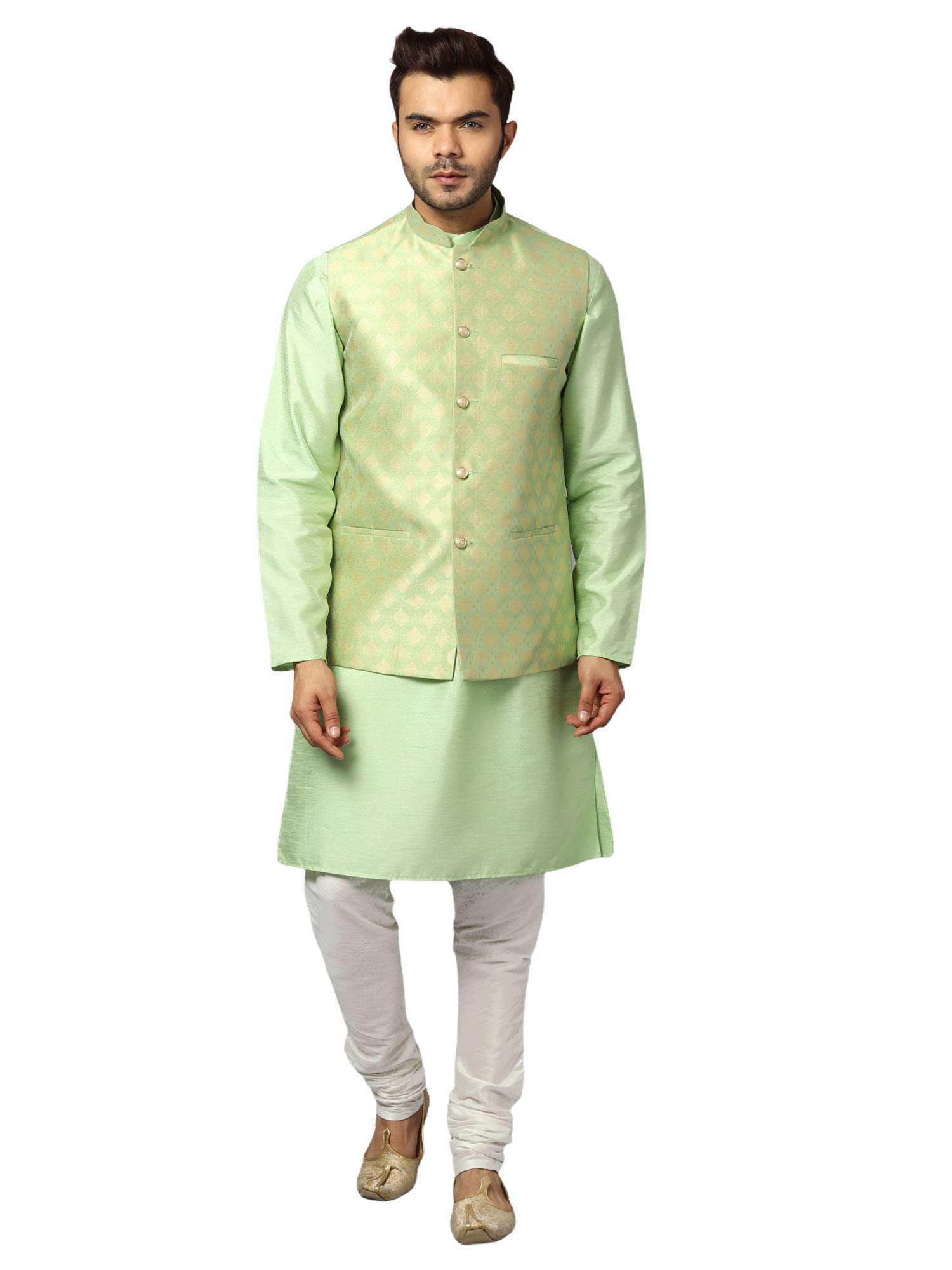 Uri and MacKenzie Men's Silk Blend Regular Kurta Churidar Pyjama with Bundi Nehru Jacket/Waistcoat