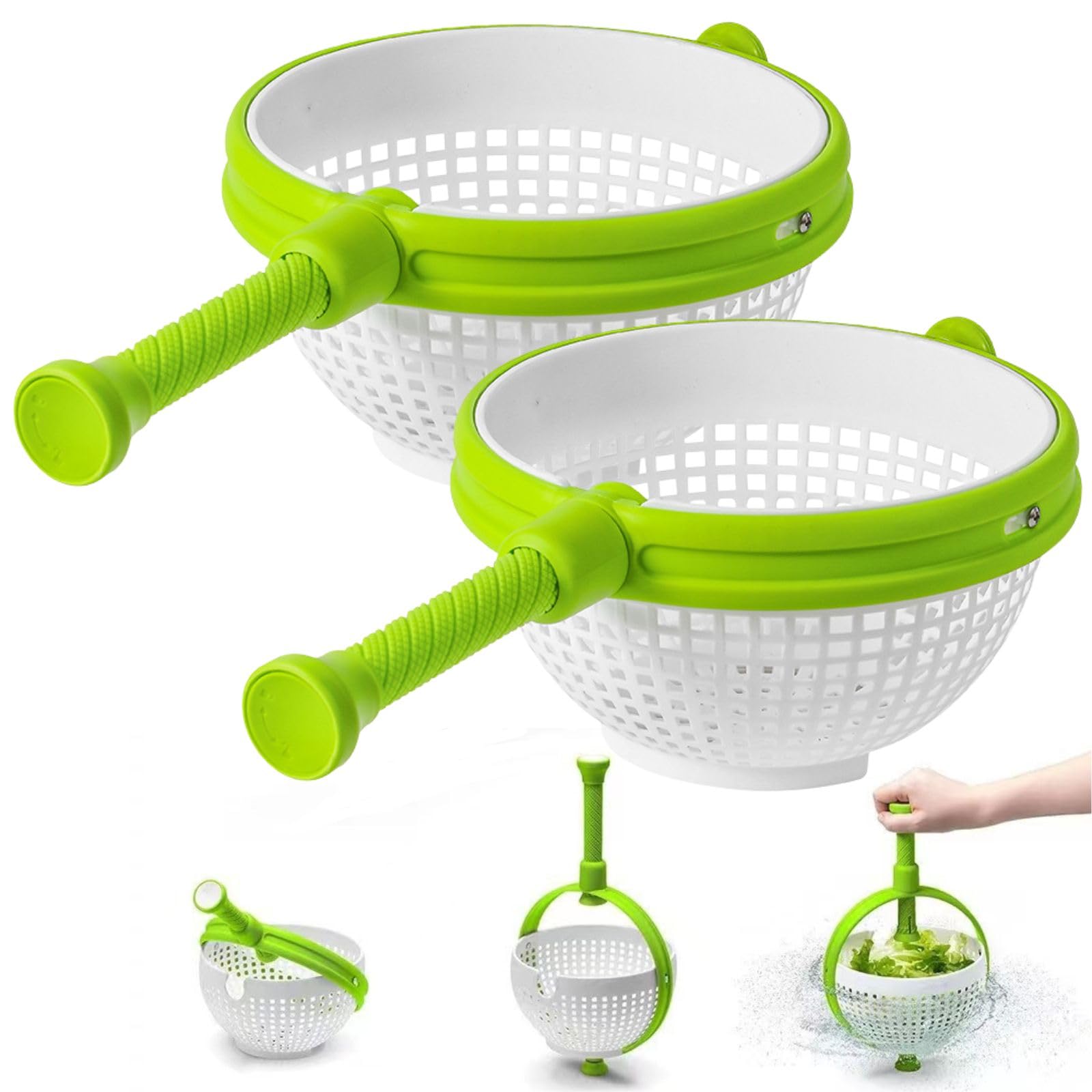 サラダスピナー 回転式 ザル 手動 野菜水切り器 丸洗い スピナーざる ハンドル付き キッチンツール ボウル コンパクト 洗いやすい 省スペース 野菜 果物 キッチン 調理用具 家庭用 ギフト 食洗機対応 (2個入り)
