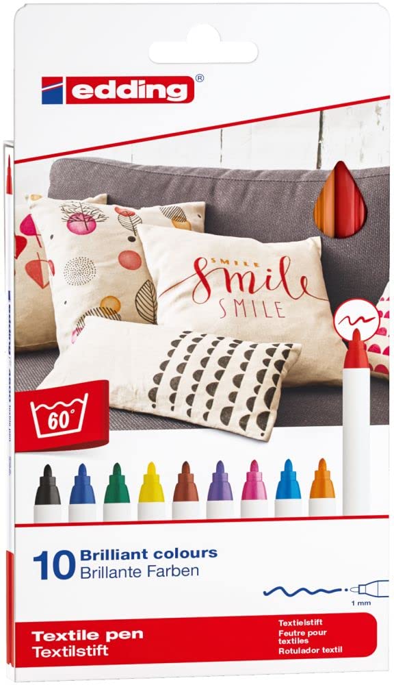 edding 4600 textile pen - set of 10 colours (basic) - round nib 1 mm - permanent fabric pens for drawing on textiles, wash-resistant up to 60 °C - fabric pen