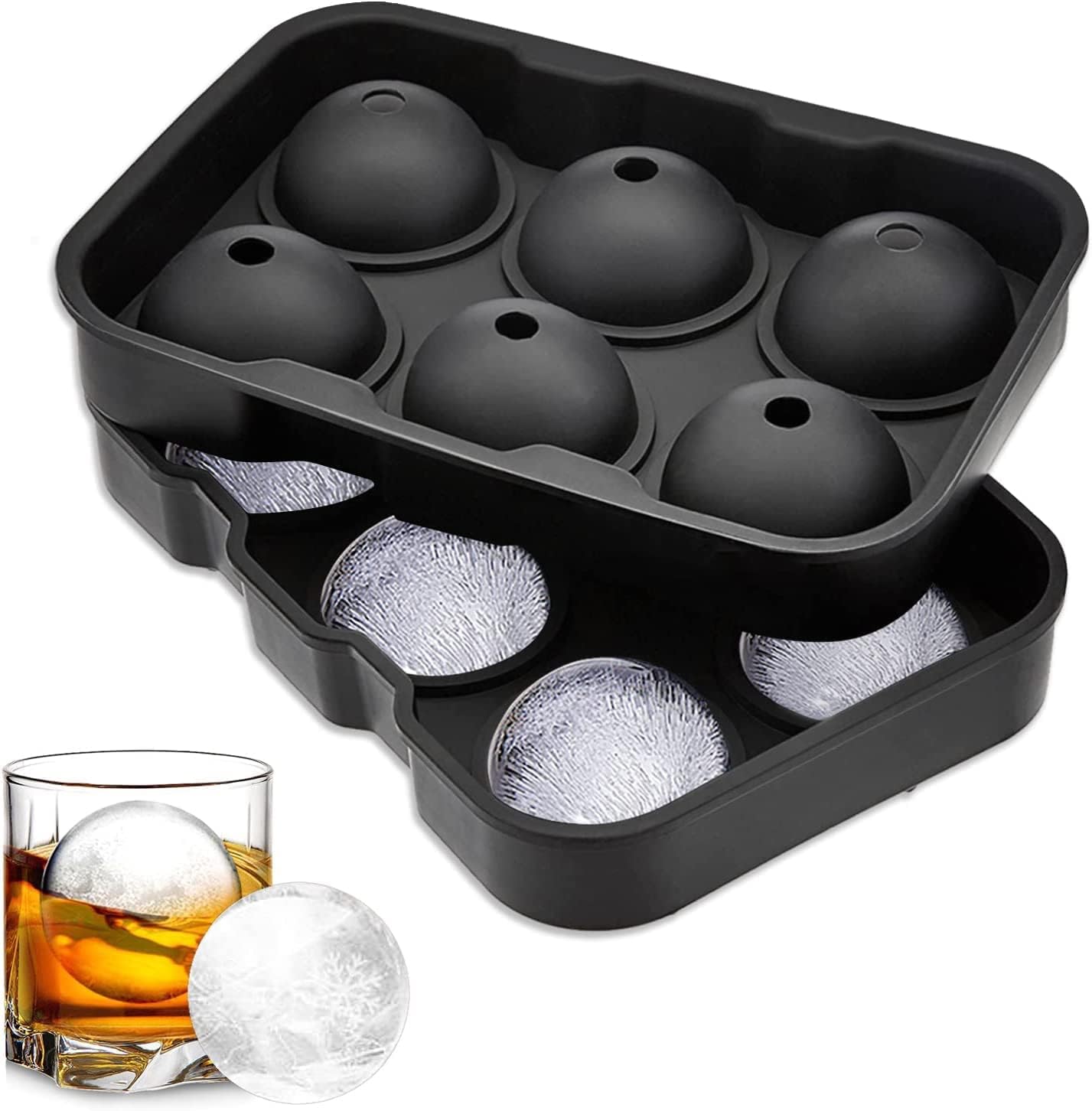 HOUSE HATCH Silicone Round Ice Ball Maker, 6-Cavity Large Sphere Mold for Whiskey & Cocktails, BPA-Free & Reusable (Black, 7 x 4.7 x 2 Inch)