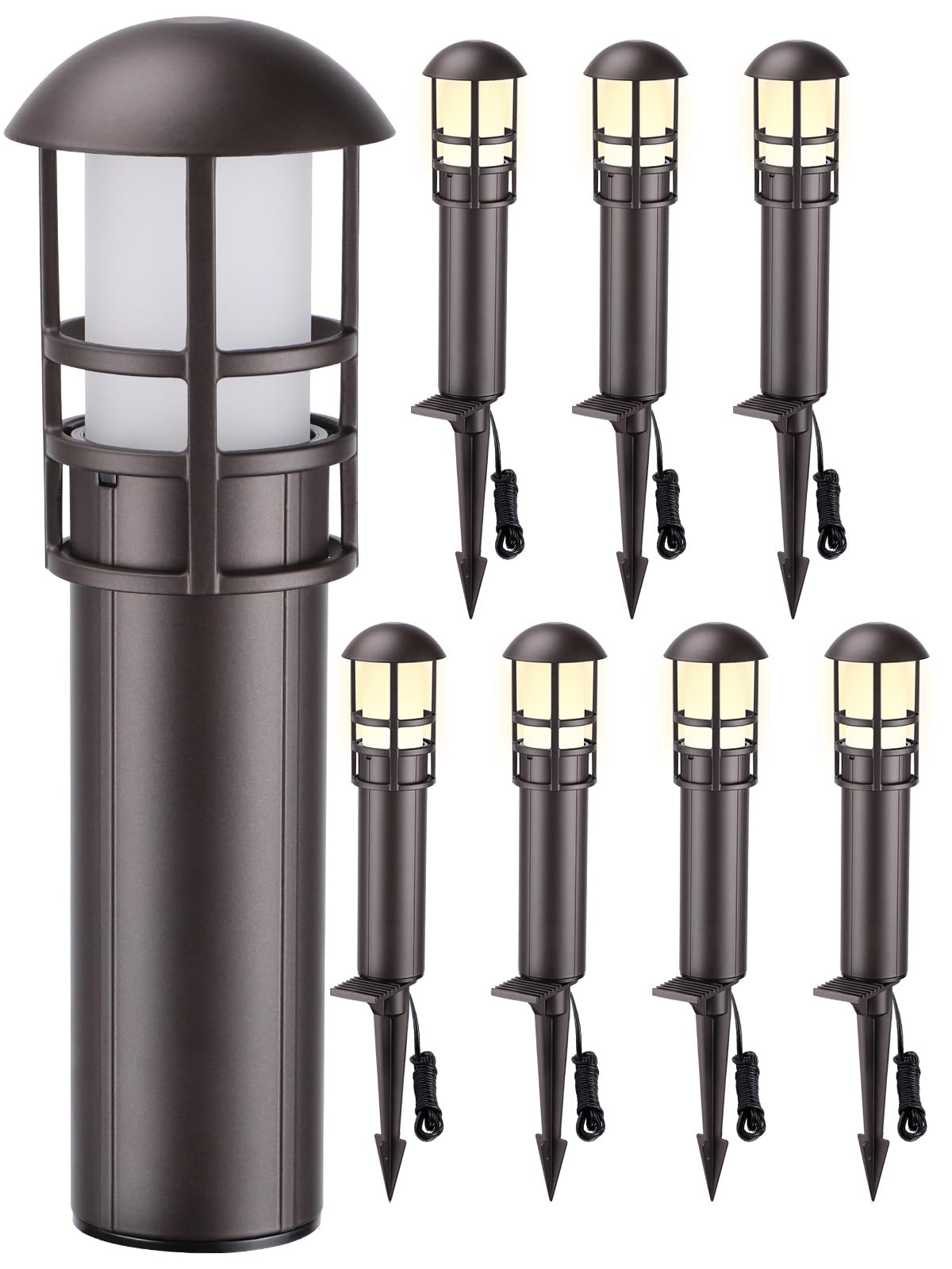 LEONLITE Paquete de 8 luces de paisaje de bajo voltaje, luces LED de camino de 3 W y 12 V, CRI90+, luz impermeable IP65, certificación ETL, carcasa de aluminio de bronce aceitado, 3000 K, blanco | 12-24 V CA/CC, aluminio, ETL, blanco cálido, luces LED de
