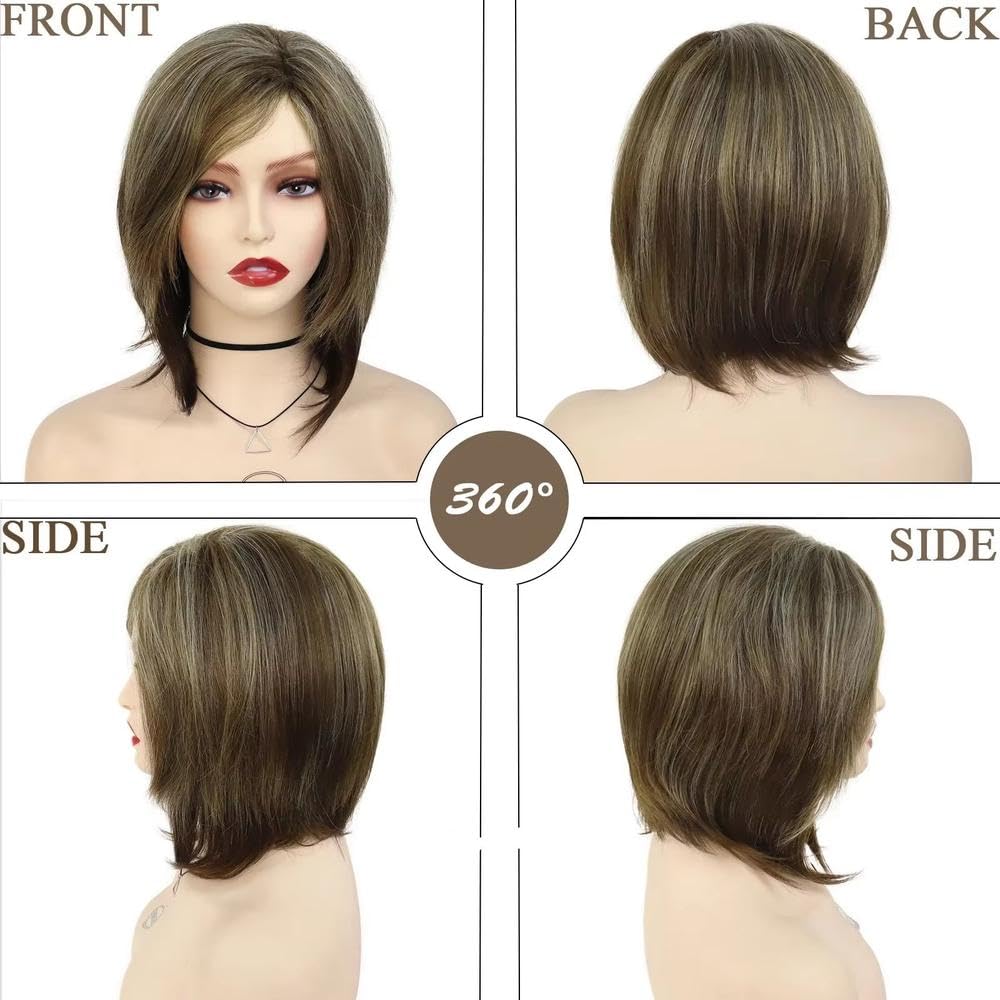 Haarpflege Kurze Braune Bob-Perücken Für Weiße Frauen Schulterlange Braune Highlight-Perücke Mit Seitlichem Pony
