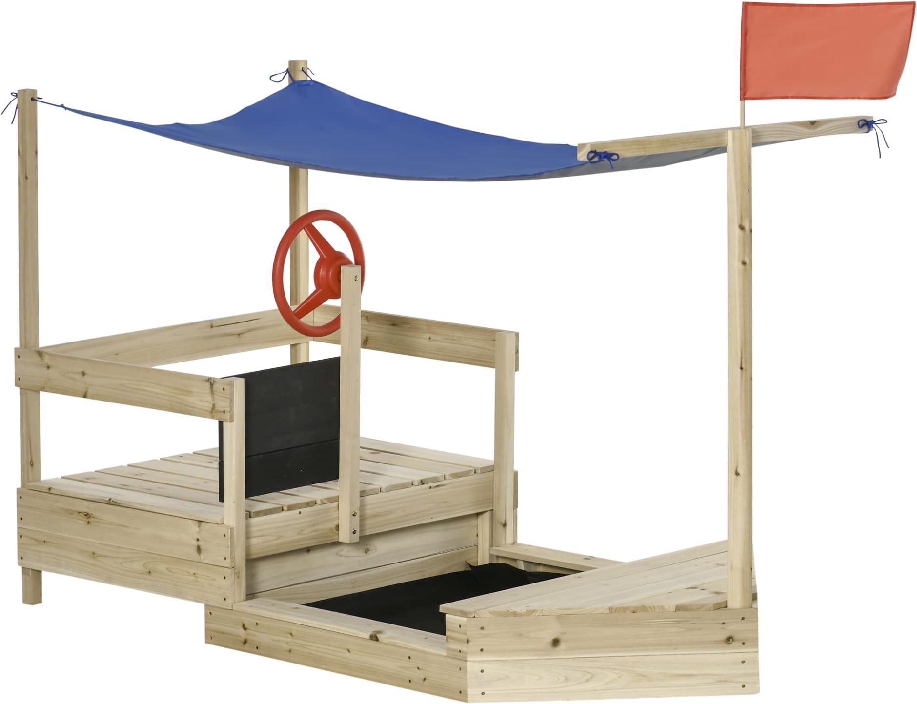 OutsunnyKids Wooden Sandbox, Covered Children Pirate Sand Boat for Outdoor, Foldable Play Station, w/Flag, Canopy Shade, Bottom Liner, Blackboard, for 3-8 Years Old, Natural Wood