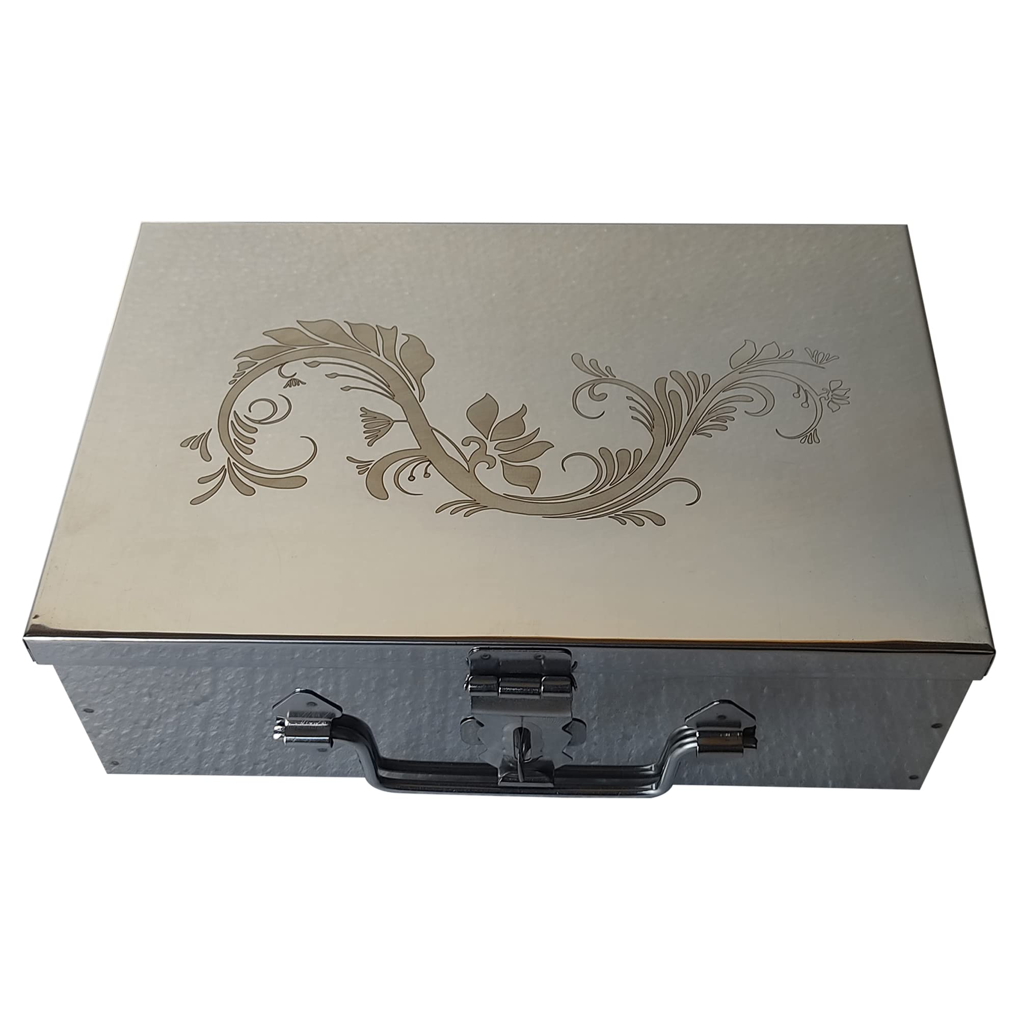 GinoSet® Steel Storage Boxes,Cash, Pooja Peti,Organizer,Safe Locker Box 8 inch Storage Box (Steel) W-8", H-2.50", L-5" Cash Box With Laser Print Design (Small)