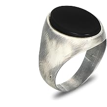 Silver Plated Steel Mens Ring with Oval Onyx Stone Brushed & Oxidized Finish | Premium Stainless Steel Black Onyx Signet Ring for Men