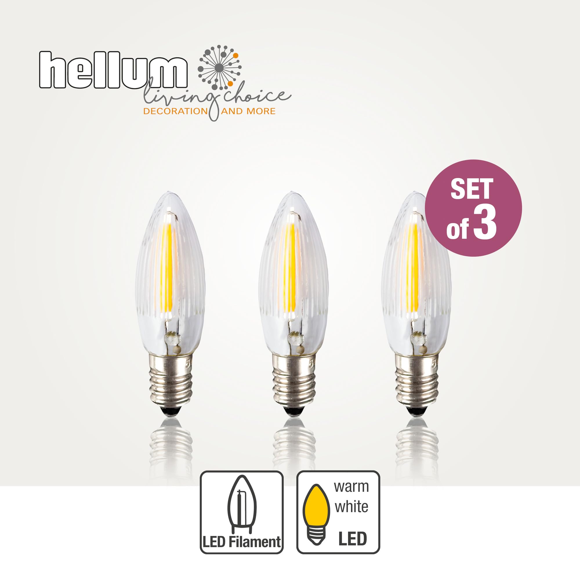 hellum Zapasowe świece LED filament 12 V 0,5 W do łańcuchów świetlnych i łuku świetlnego, 3 sztuki świec ryflowanych E10 (Ø 10 mm) pasują do 20 punktów świetlnych, 17 lumenów, zapasowe świece, łańcuch