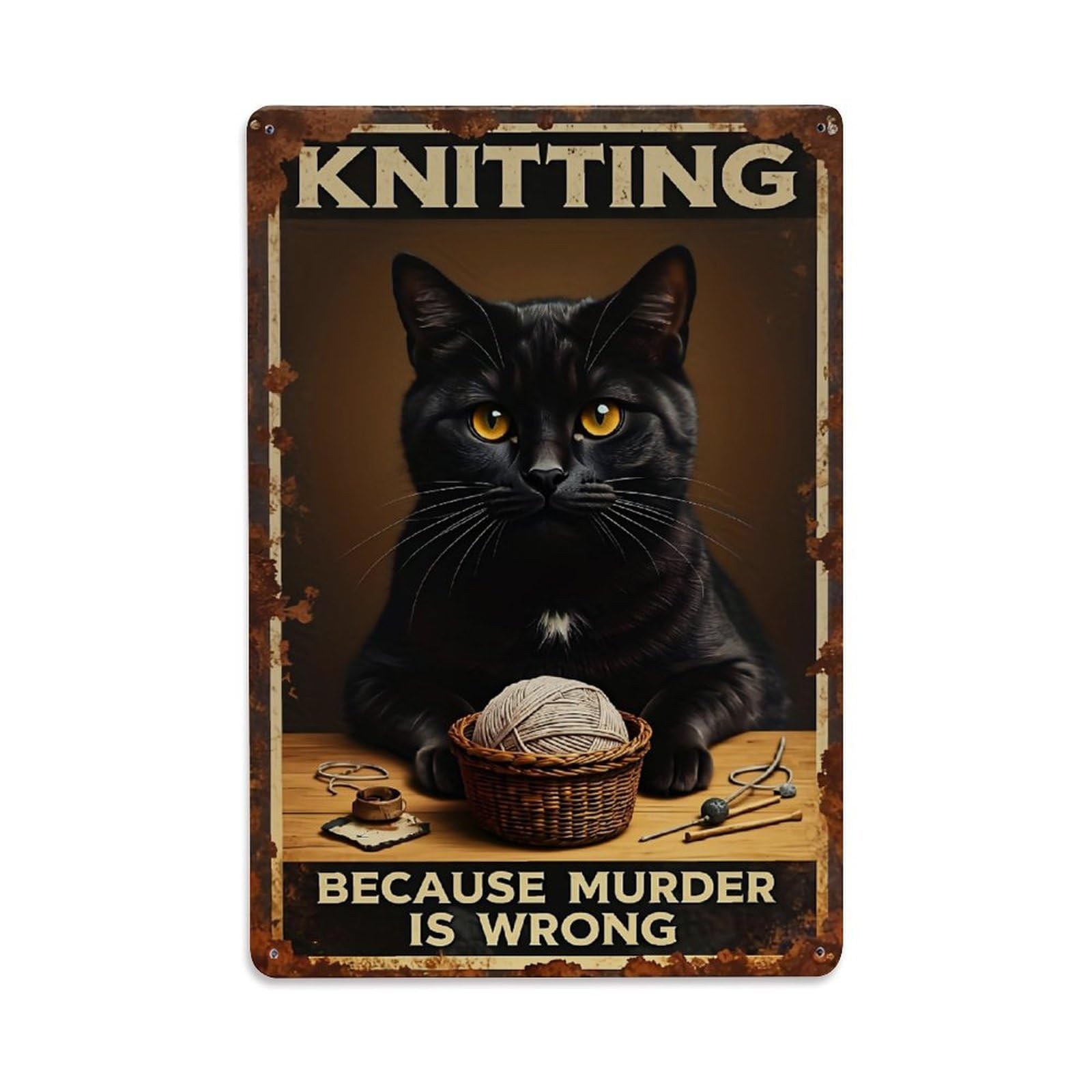 Bliveurn Vintage Black Cat Knitting Yarn Basket Retro Metal Tin Sign, Metal Poster For Home, Gaming Room, Studio Workshop,Bar,Garage Wall Art Decor 8X12 Inch