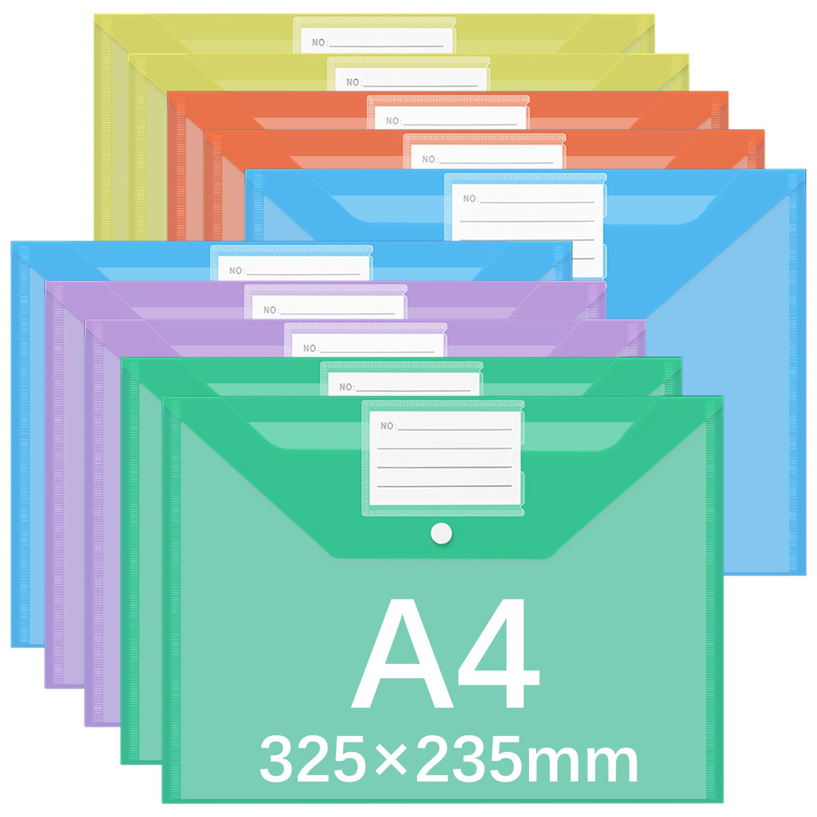 GESDYO Plastic Wallets A4-10Pack Plastic Folders with Label Pocket 5 Assorted Colours Popper Wallet A4 with Snap Button and Label for Home, Office, School and Travel — image 1