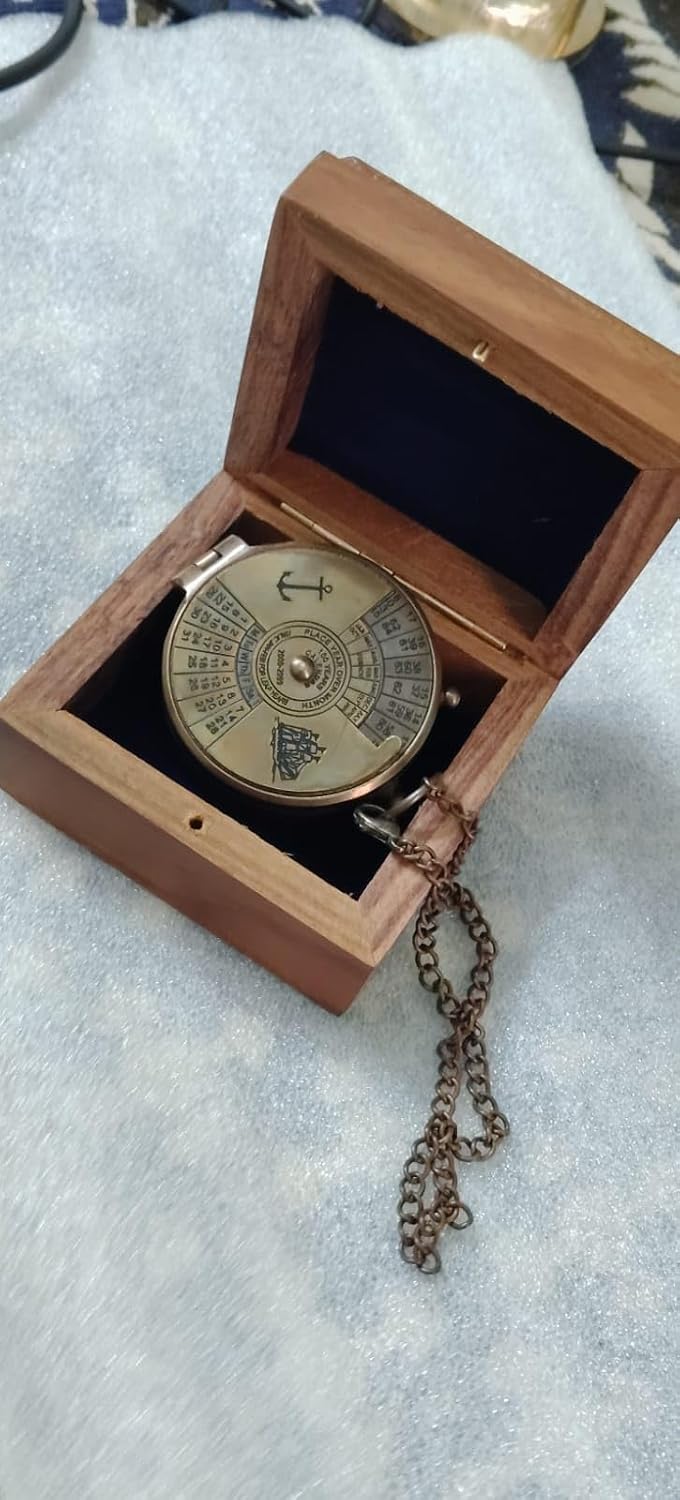 Vintage Brass Calendar Compass with Wooden Box Antique Nautical Pocket Compass for Travelers & Collectors Unique Steampunk Sundial Timepiece,Milestone Birthday Gift for Him image 2