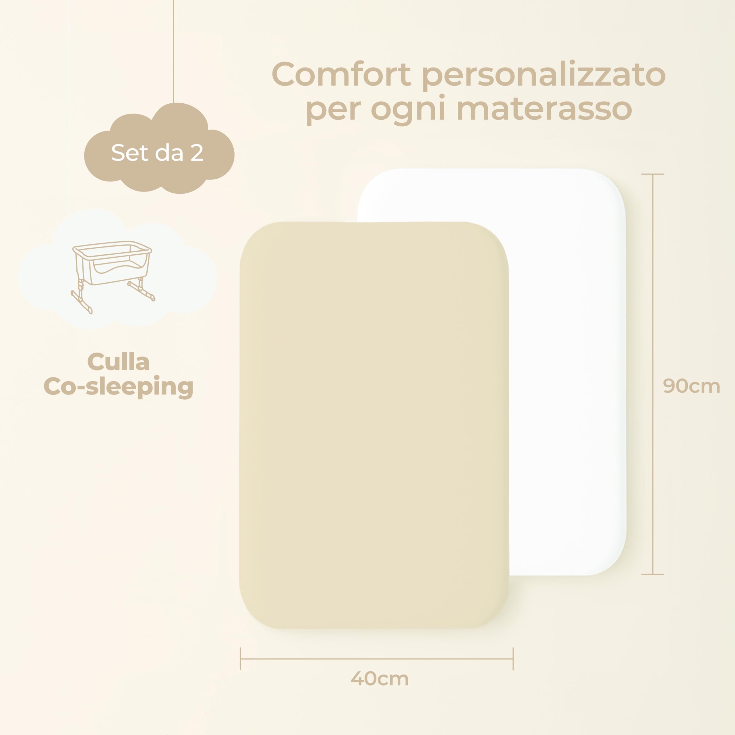 Dreamzie Set 2 Lenzuola Culla 40x90 Cotone - Lenzuolo Con Angoli, Oeko-Tex Certificato - Per Culla Neonato E Lettino Piccolo - Beige/Bianco