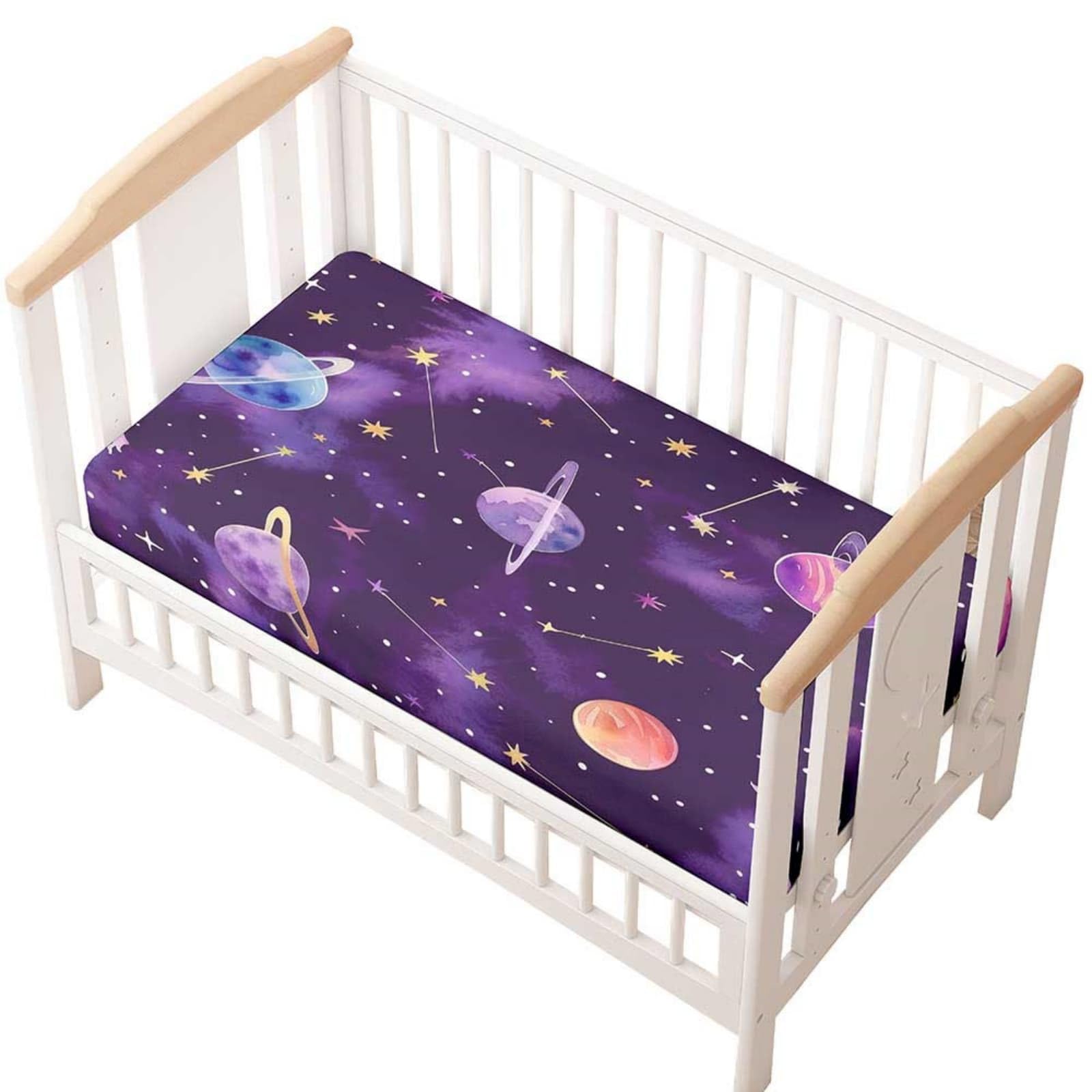 Odot Cot Bed Fitted Sheet, Moses Basket Fitted Sheet 3D Cartoon Planet Pattern Soft Microfibre Crib Bedsheets Bassinet Bedsheet Mattress Protector for Kids Boy Girl (Dark Purple,80x160cm)