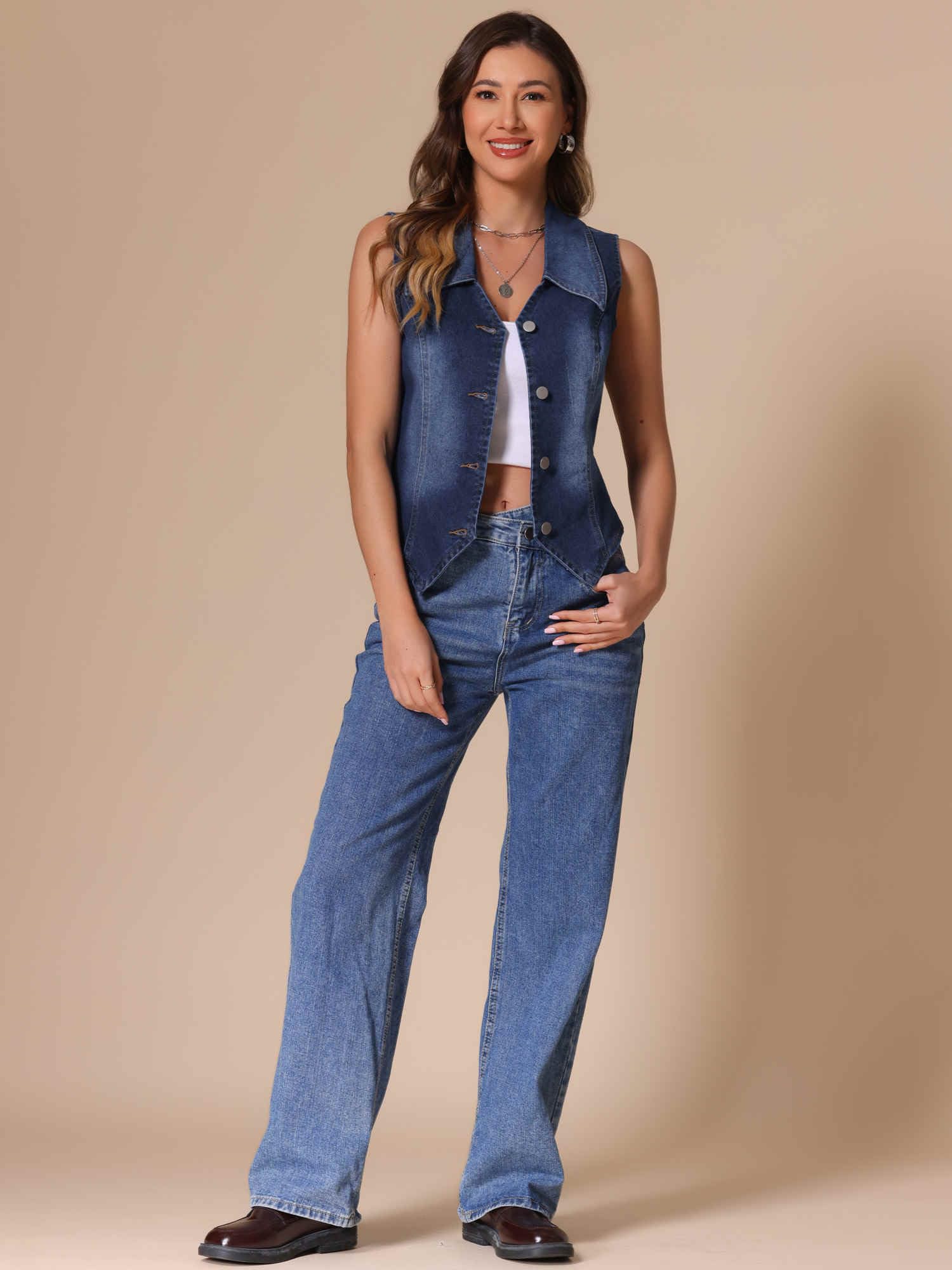Allegra K Gilet en Jean Femme Blouson sans Manches en Denim Délavé Veste Bouonné à Col en V